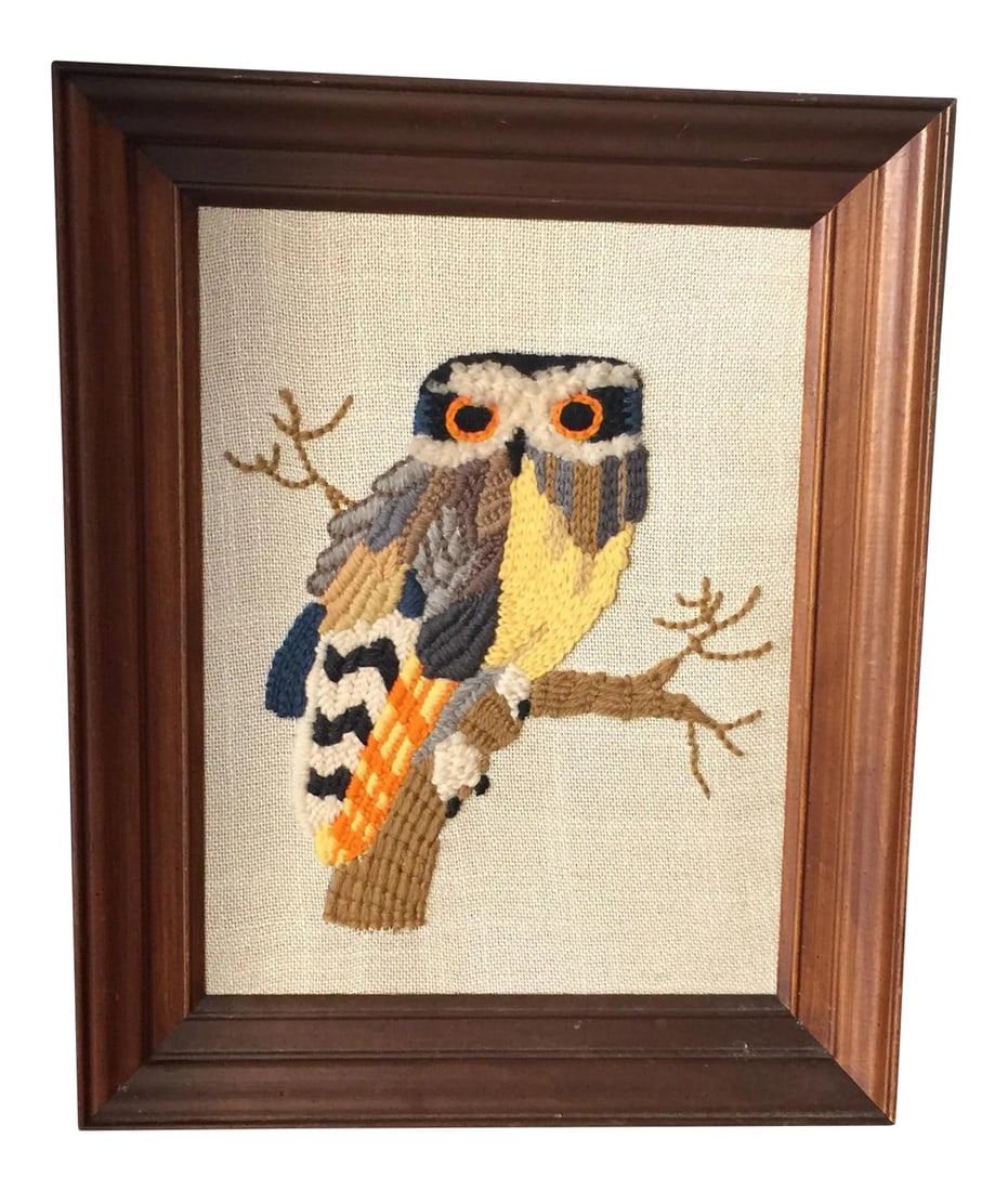 Vintage Hand Made Yarn Owl Artwork: Colorful hand made yarn owl is framed and ready to be hung. Perfect to add to a collection. Condition: Alterations: Original Condition Unaltered Imperfections: Some Imperfections Condition Notes: Good
