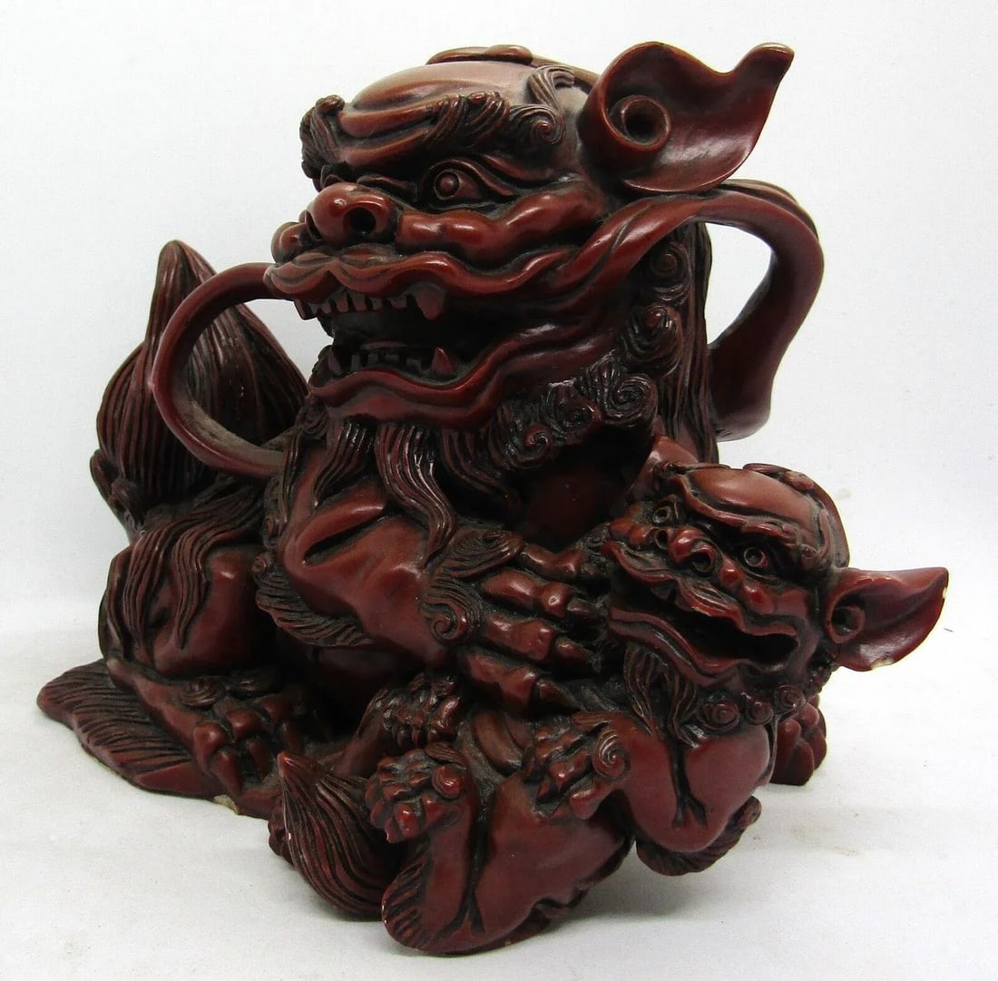 Vintage 1960s Large Brown-Crimson Resin Foo Dog Palace Lion With Young - 2