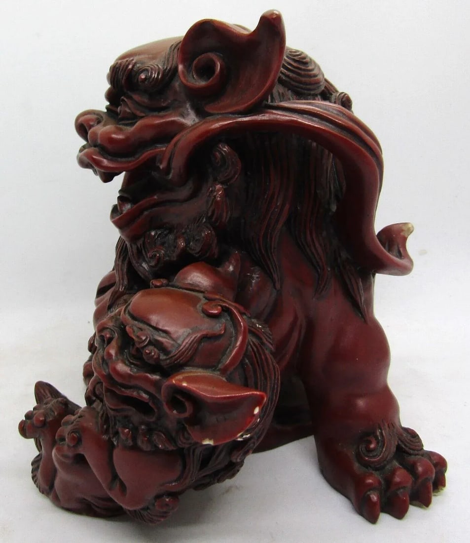 Vintage 1960s Large Brown-Crimson Resin Foo Dog Palace Lion With Young - 3