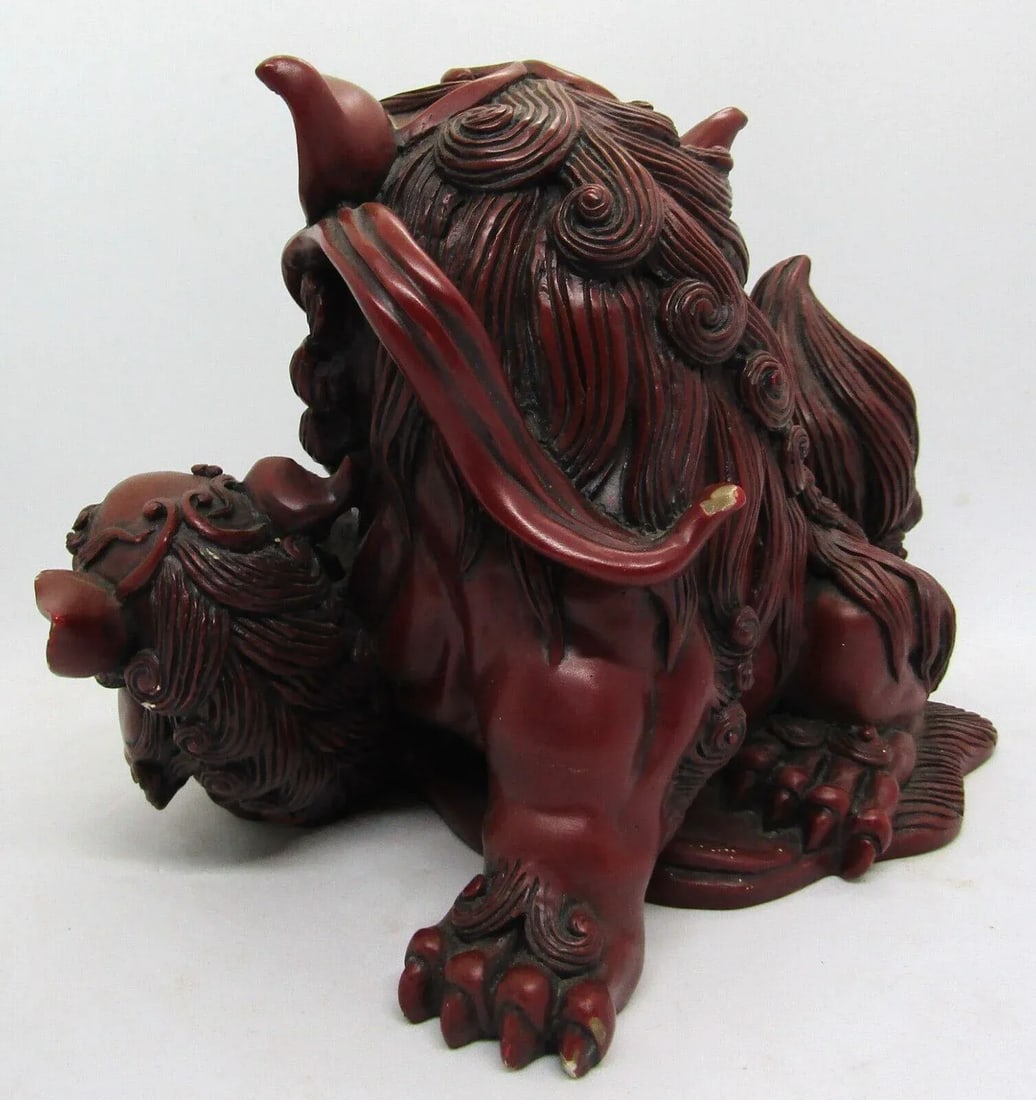 Vintage 1960s Large Brown-Crimson Resin Foo Dog Palace Lion With Young - 5