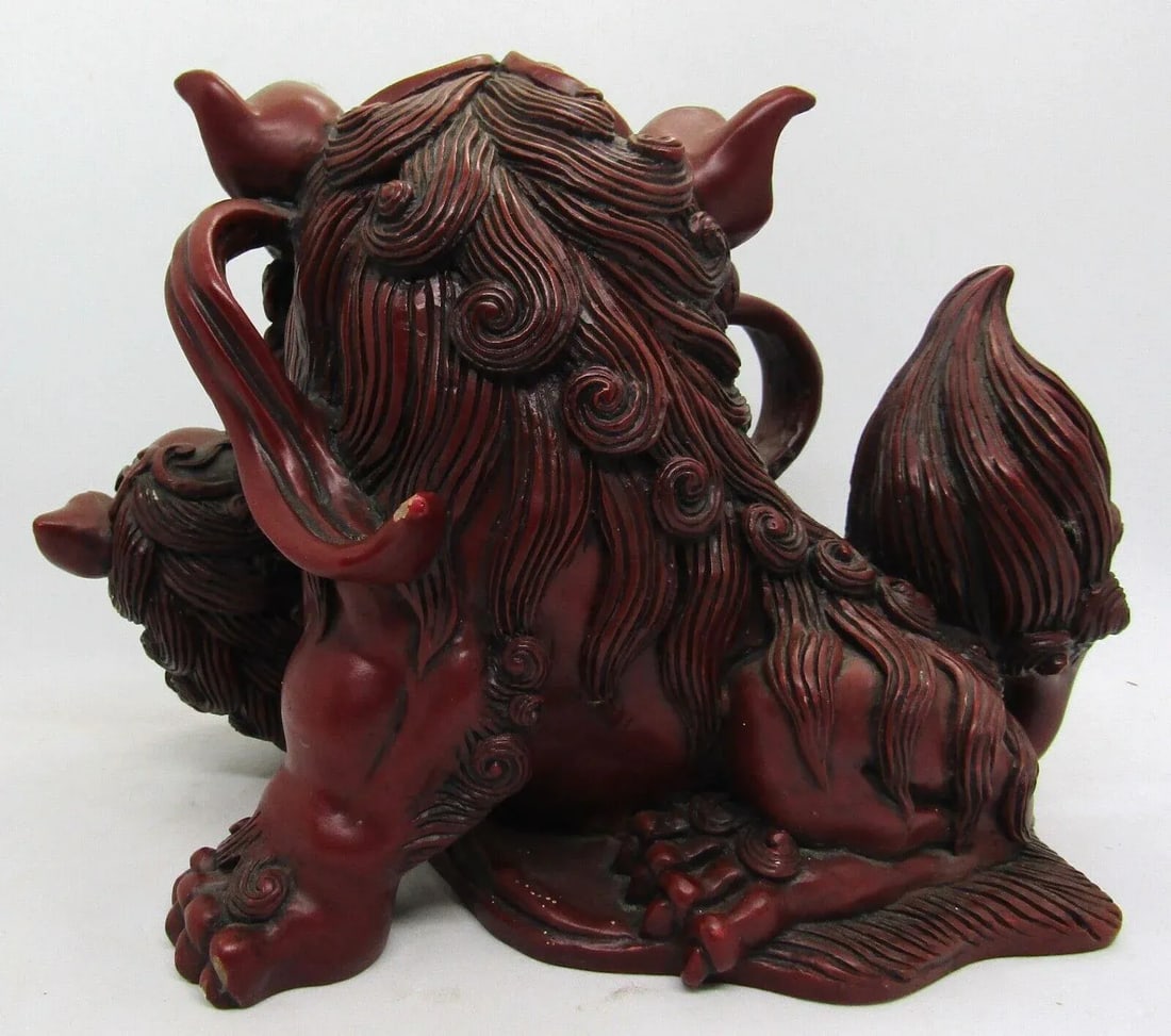 Vintage 1960s Large Brown-Crimson Resin Foo Dog Palace Lion With Young - 6