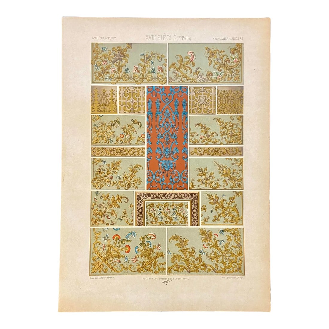 1870 French Decorator Ornament Print, XVII Siecle, Auguste Racinet: Original print of ornamental styles From L'Ornement Polychrome ( Polychrome Ornament) by Auguste Racinet, printed by Imprimerie Firmin Didot Fils et Cie, Paris. This book was a reference ''to render m