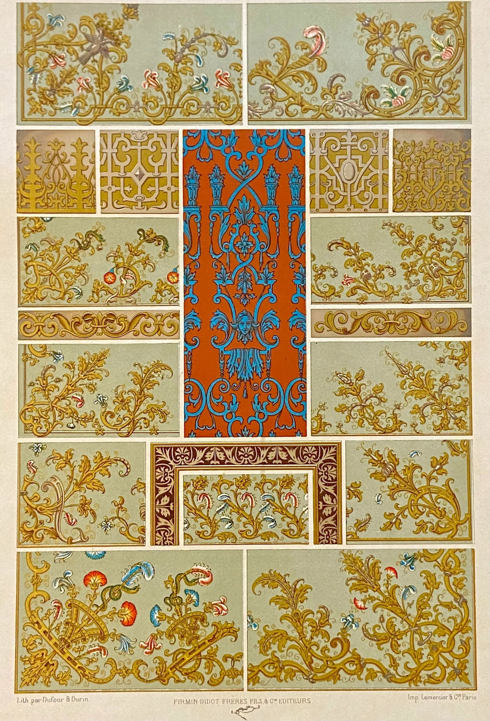 1870 French Decorator Ornament Print, XVII Siecle, Auguste Racinet - 2