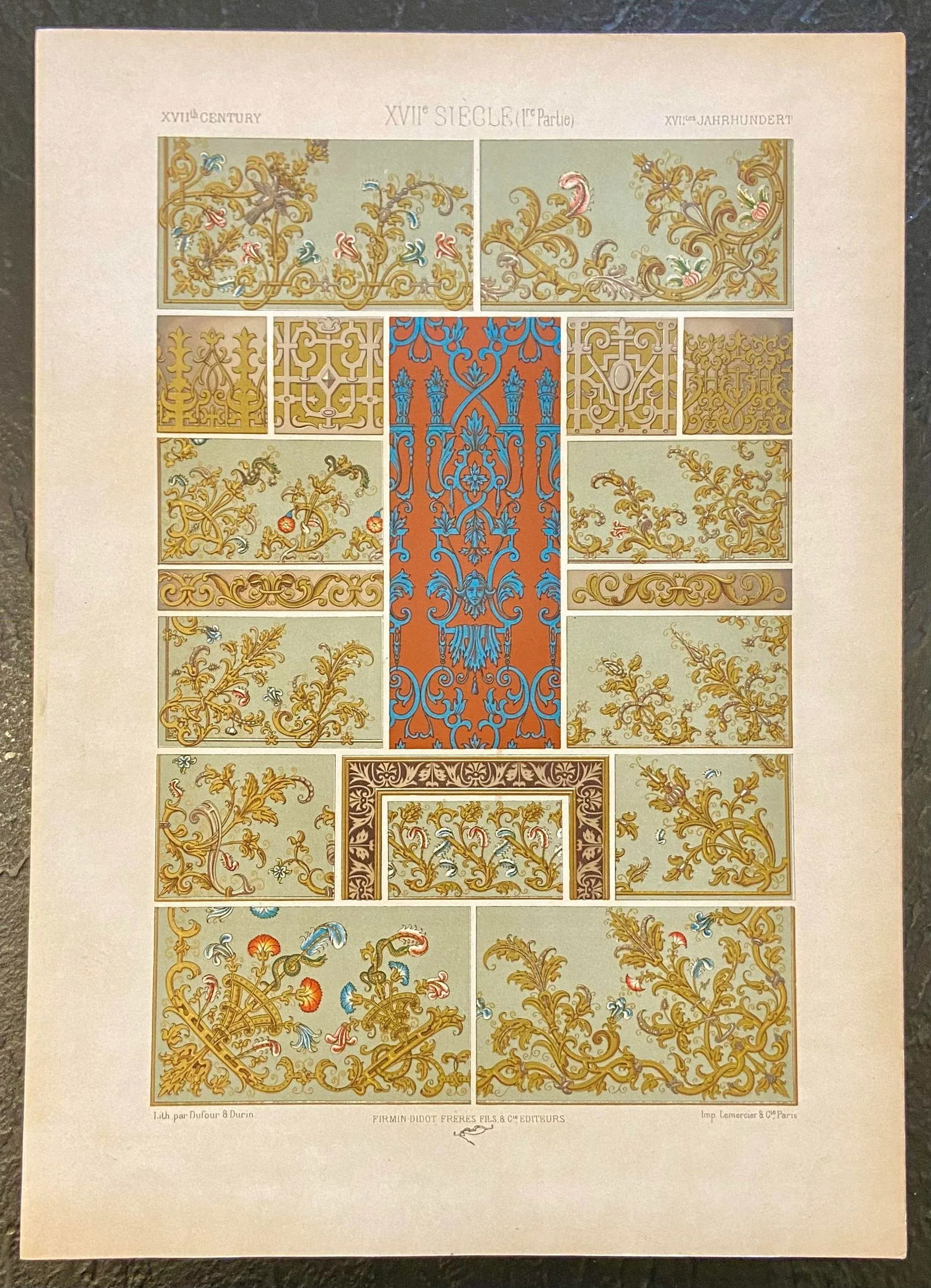1870 French Decorator Ornament Print, XVII Siecle, Auguste Racinet - 4