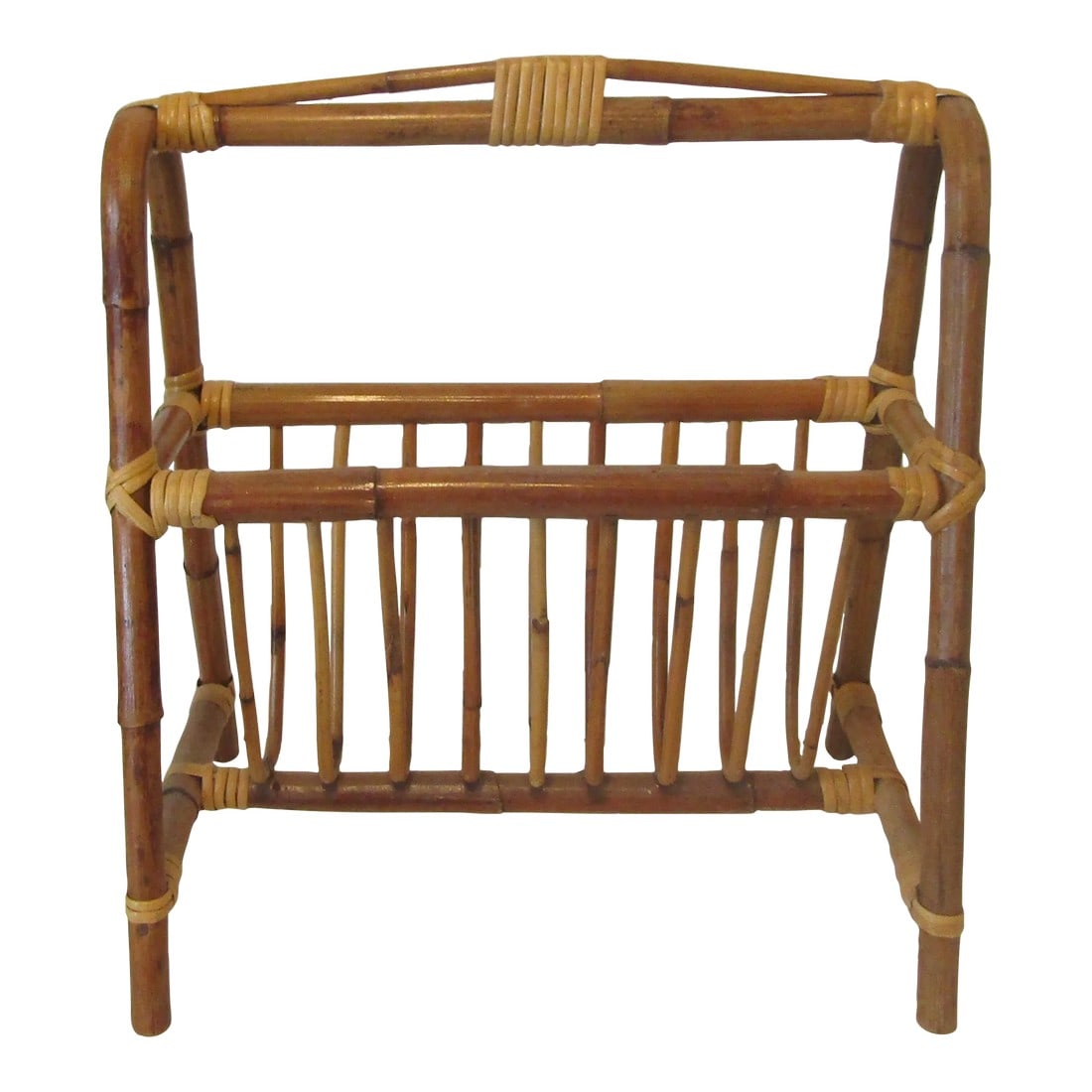 1950s Mid-Century Modern Bamboo A-Frame Magazine Rack: Mid-Century Modern Bamboo A-Frame Magazine Rack Measures 16" long, 10 3/4" wide and 18" tall. The inside width is 4 1/2", 14 1/2" long and 8 1/4" deep. Very sturdy. Condition: Alterations: Original Co