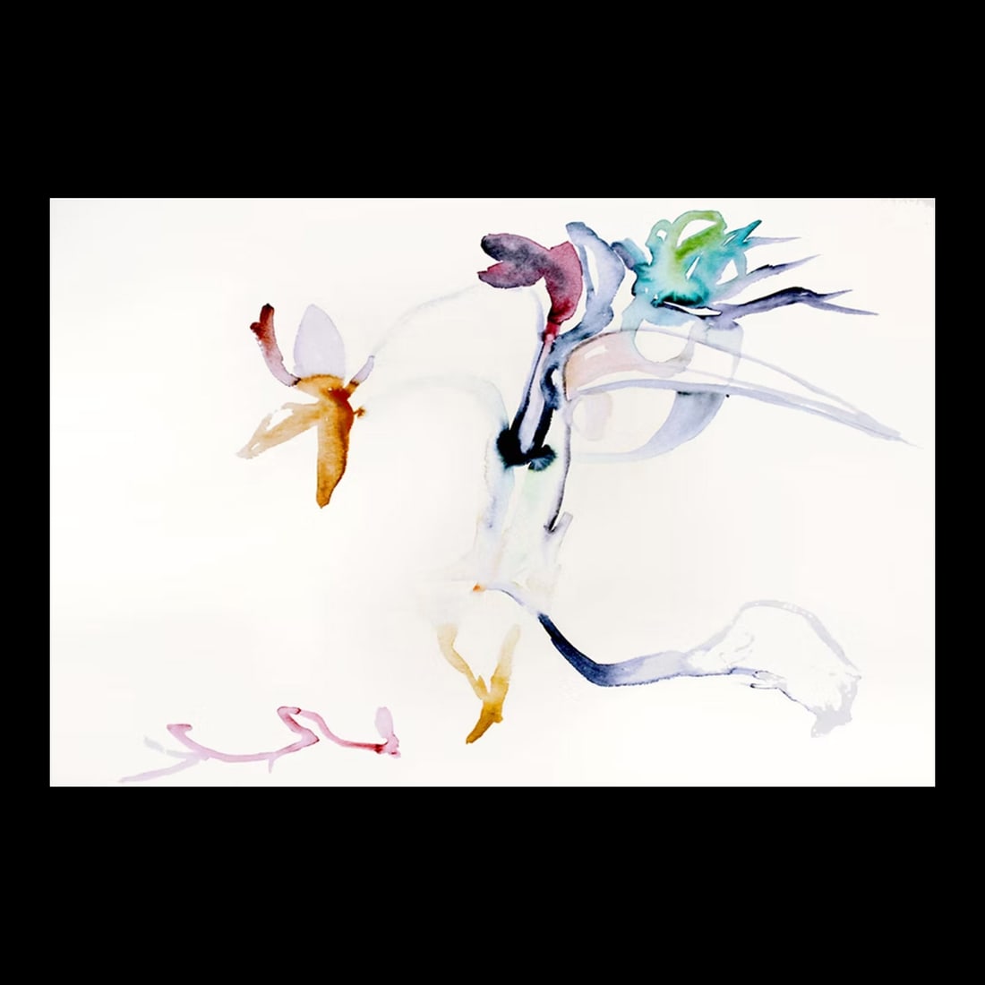 With Me, Watercolor on Paper, Ivory Field, Shades of Dusty Turquoise, Grey Lavender, Emerald Green: WITH ME. In flight, on solid ground, through bustling streets, along nature's path, breathe the sweet fragrances , taking it all in, come with me on roads less travelled. WITH ME, a watercolor on pape