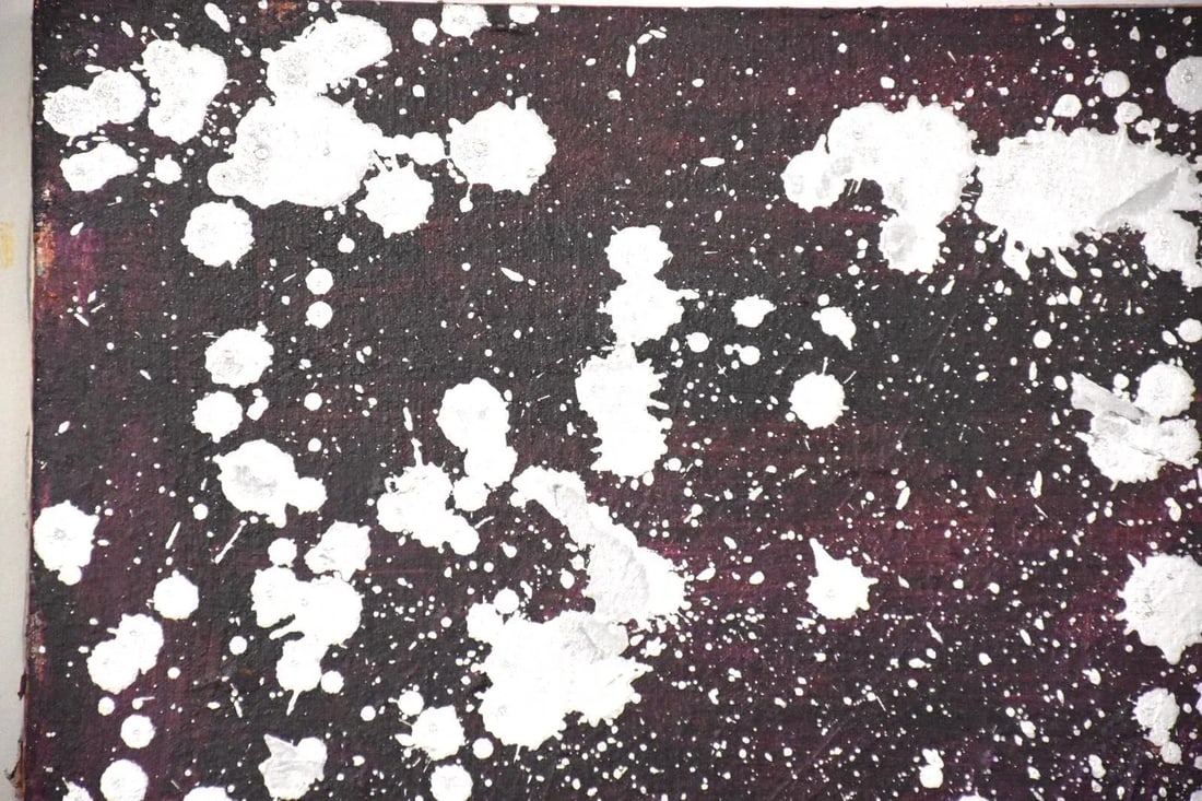 Dottie Katz Abstract Painting on Canvas: Abstract painting by Dottie Katz in a rich deep purple and silver dot acrylic paint. 20" wide. 24" tall. Condition: Alterations: Original Condition Unaltered Imperfections: Some Imperfections