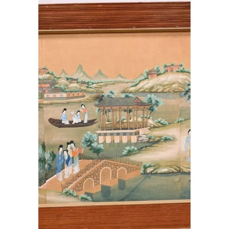 Large Framed Chinese Watercolor Panel: A vintage large framed Chinese watercolor panel that invites viewers into a tranquil realm of timeless beauty and cultural richness. This exquisite artwork unfolds a picturesque scene of delicate figu