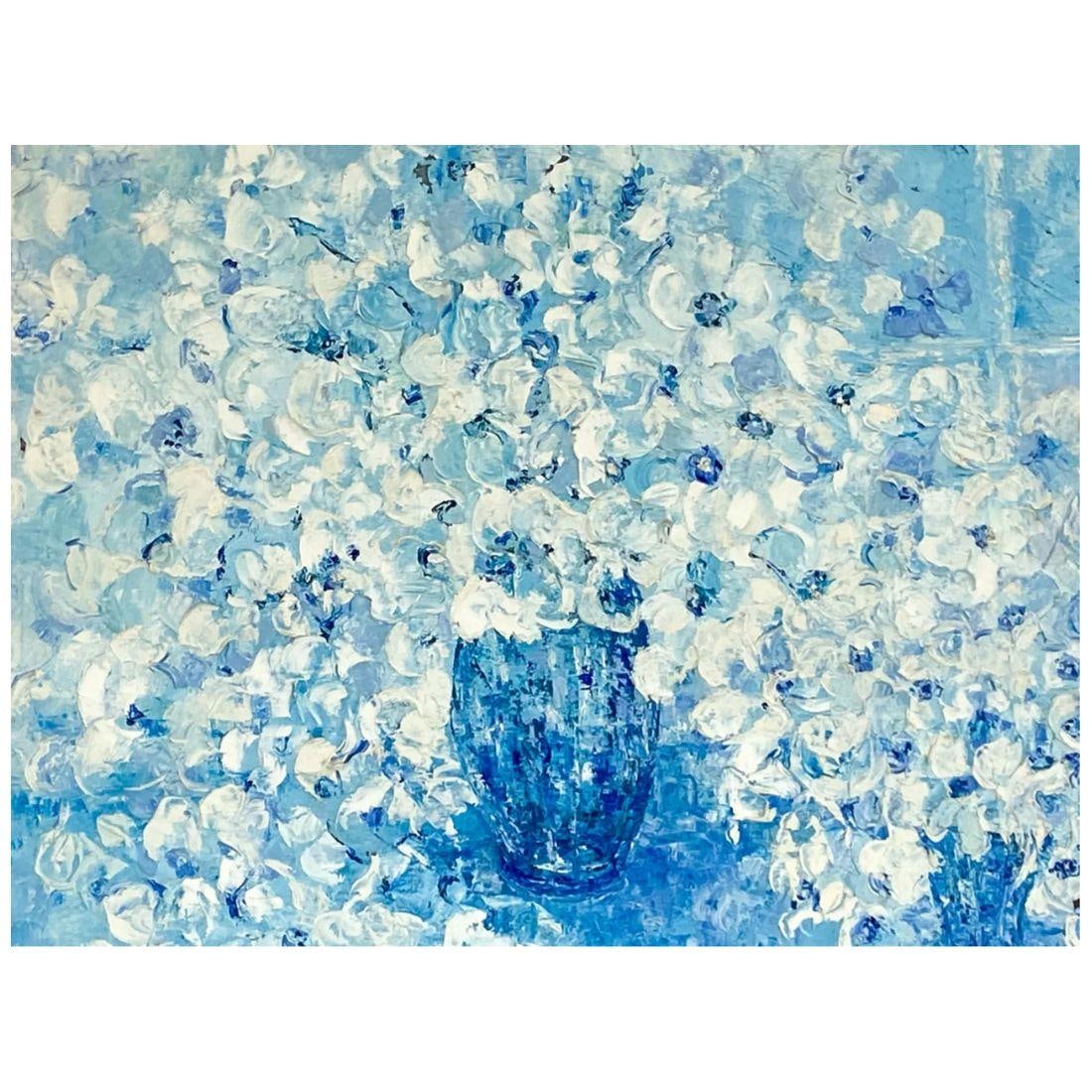 Blue and White Floral Signed Painting: A blue and white floral signed painting. This captivating painted floral still life, signed indistinctly, presents a somewhat abstract interpretation of nature. The composition features bold, thick