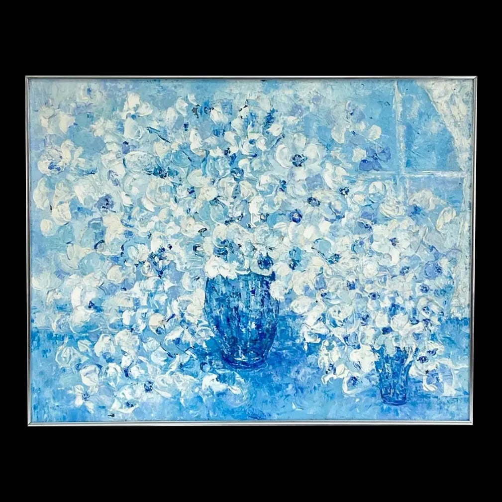 Blue and White Floral Signed Painting - 4