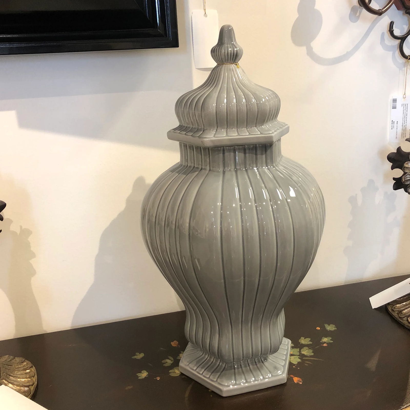 Vintage Italian Grey Ceramic Vase With Lid and Fluted Design: Italian ceramic vase with lid featuring a ribbed texture and fluted hexagon shaped body design. Created by the talented artisans of Italy. Condition: Imperfections: No Imperfections Condition