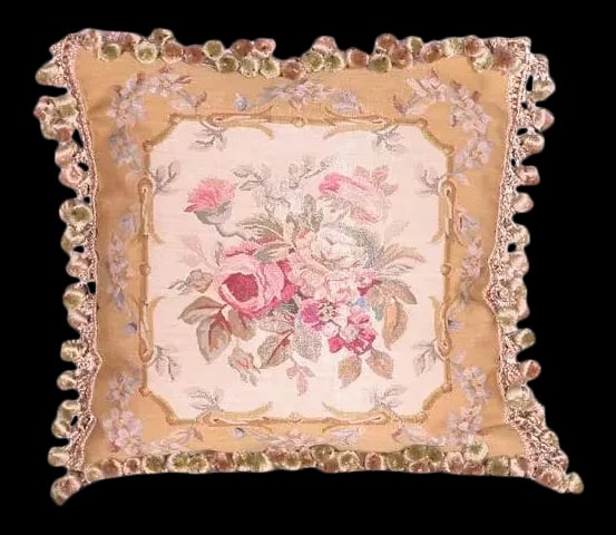 Vintage Silk Pillow With Floral Design on a Yellow Background Accented With Silk Tassel Fringe - 11