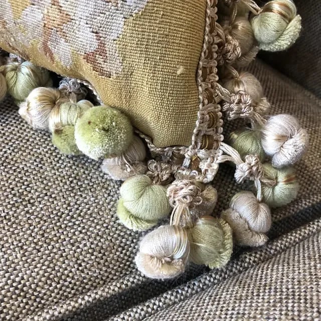 Vintage Silk Pillow With Floral Design on a Yellow Background Accented With Silk Tassel Fringe - 7