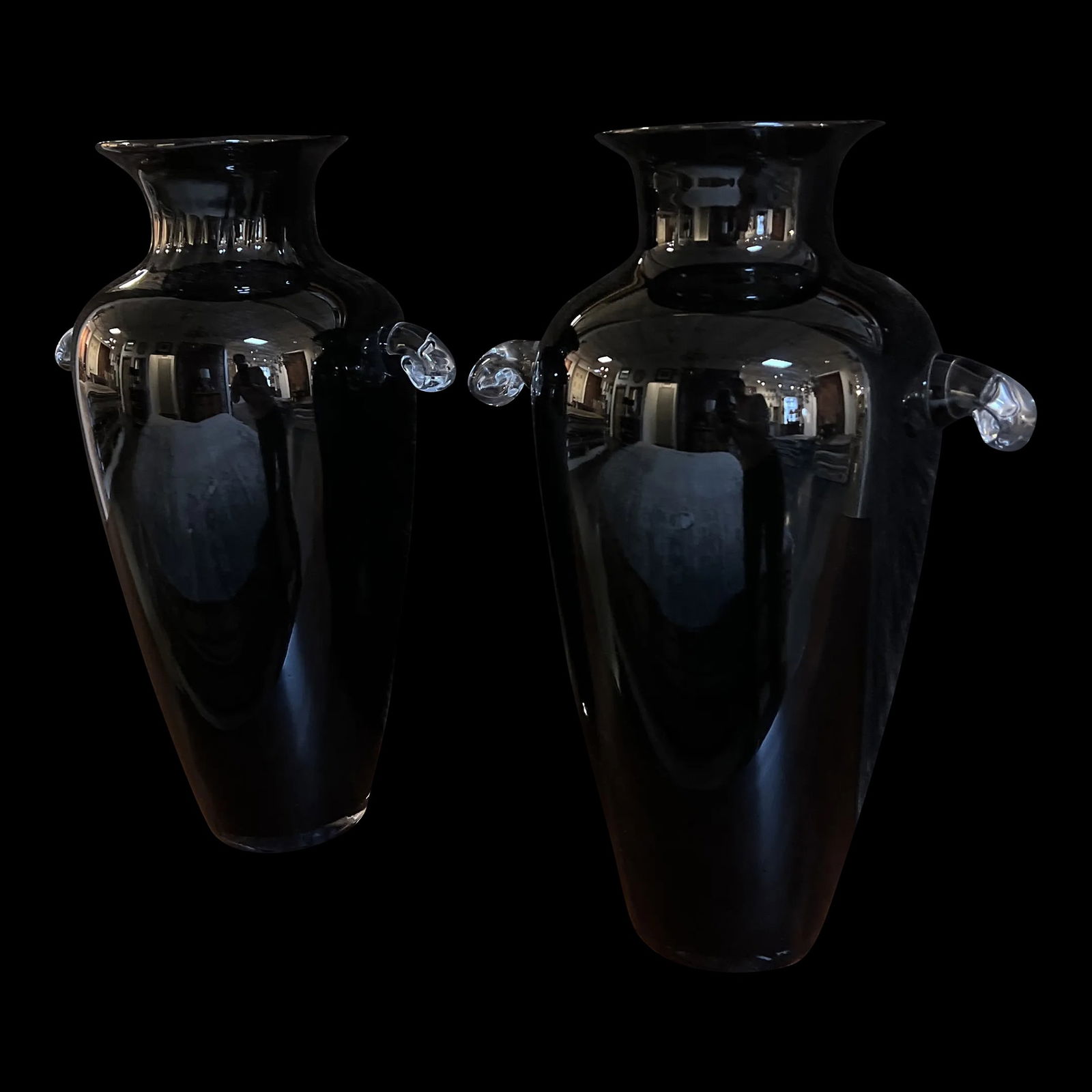 Vintage Hand-Blown Glass Vase in Ebony With Clear Handles- a Pair - 12