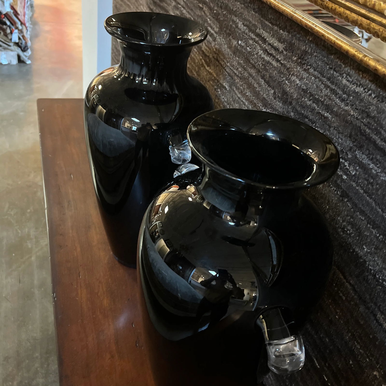 Vintage Hand-Blown Glass Vase in Ebony With Clear Handles- a Pair - 3