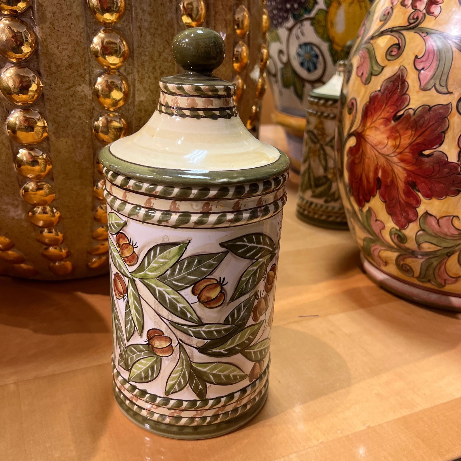 Italian Hand Painted Ceramic Canister With Lid in Ivory and Olive-Green Colors - 10