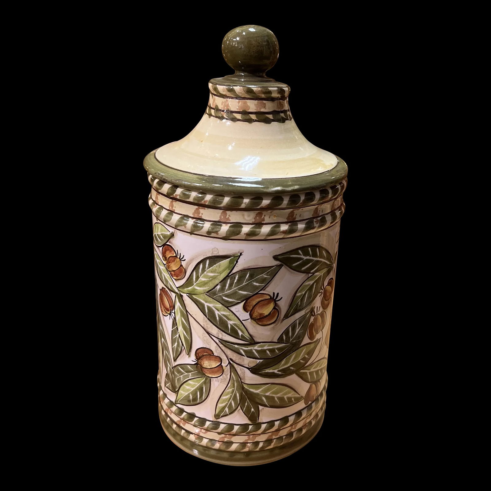 Italian Hand Painted Ceramic Canister With Lid in Ivory and Olive-Green Colors - 11