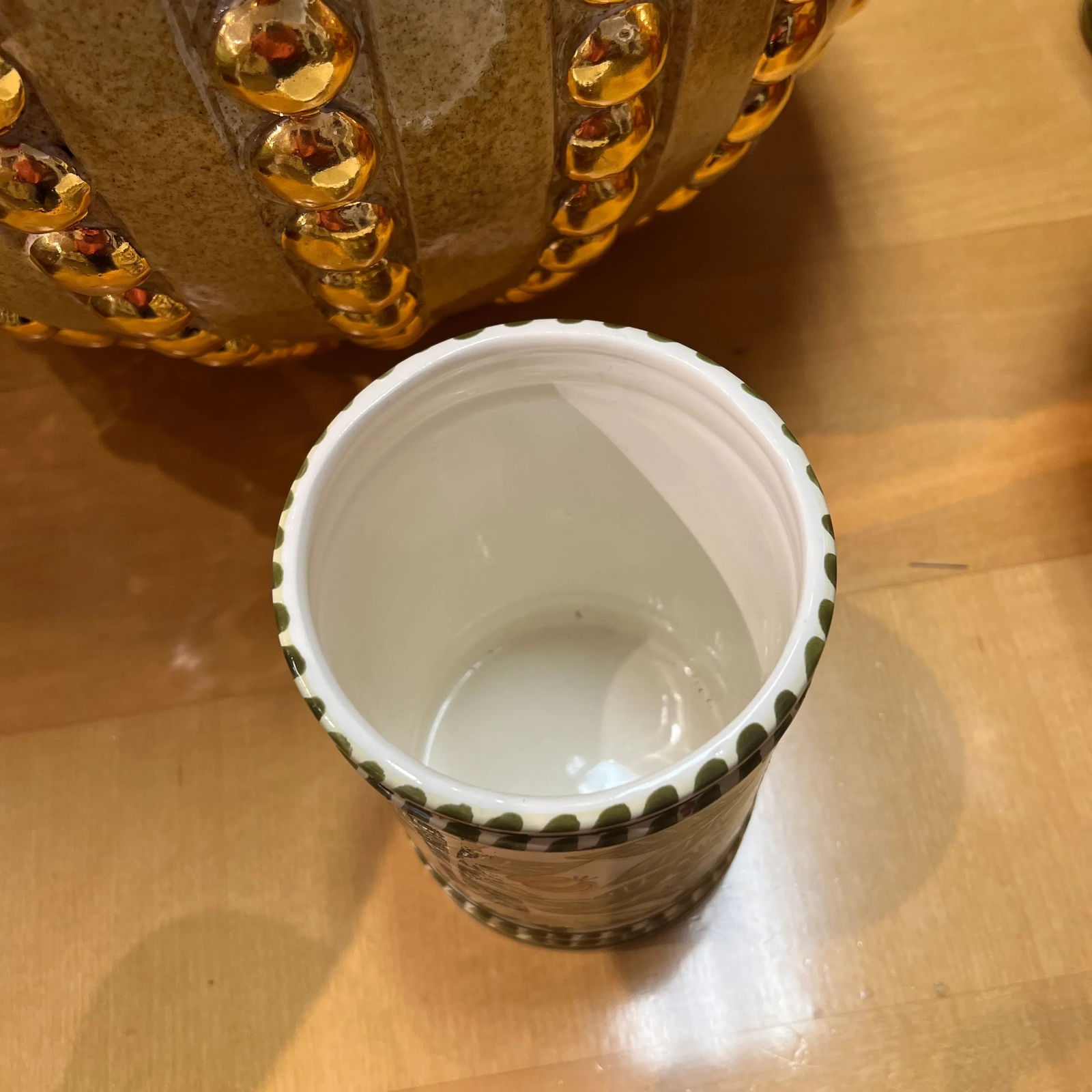 Italian Hand Painted Ceramic Canister With Lid in Ivory and Olive-Green Colors - 2