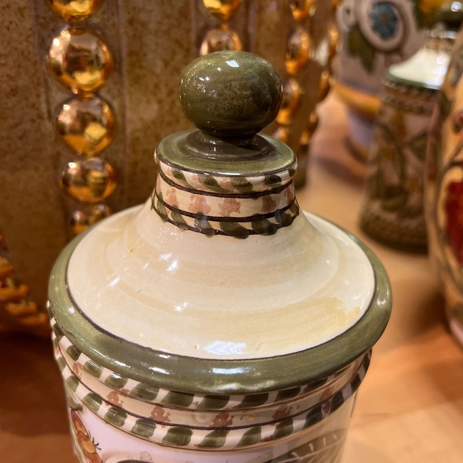 Italian Hand Painted Ceramic Canister With Lid in Ivory and Olive-Green Colors - 3