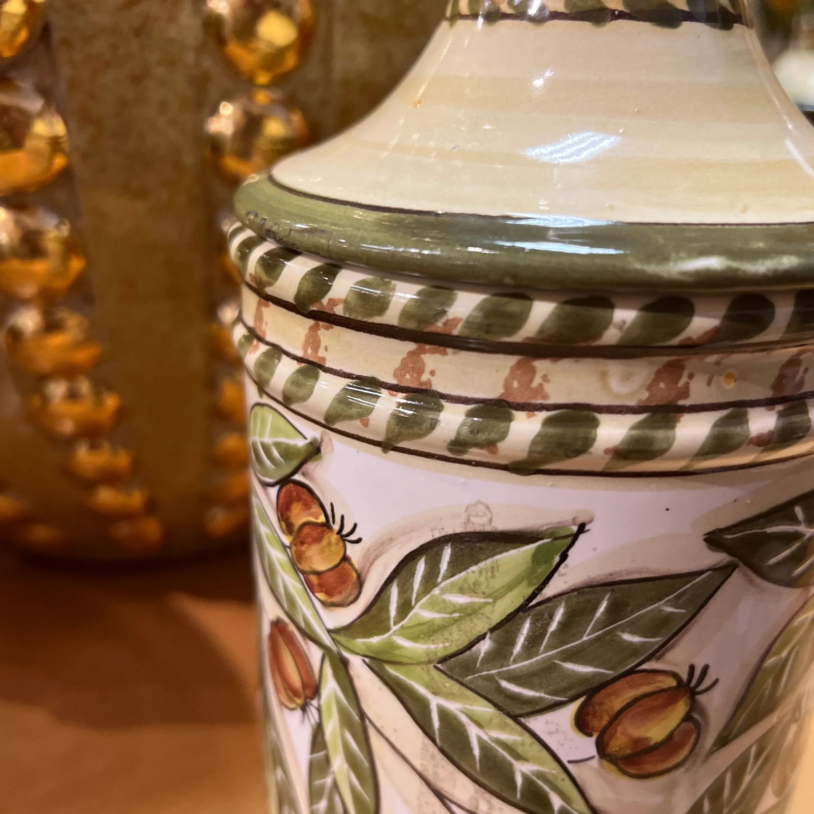 Italian Hand Painted Ceramic Canister With Lid in Ivory and Olive-Green Colors - 5
