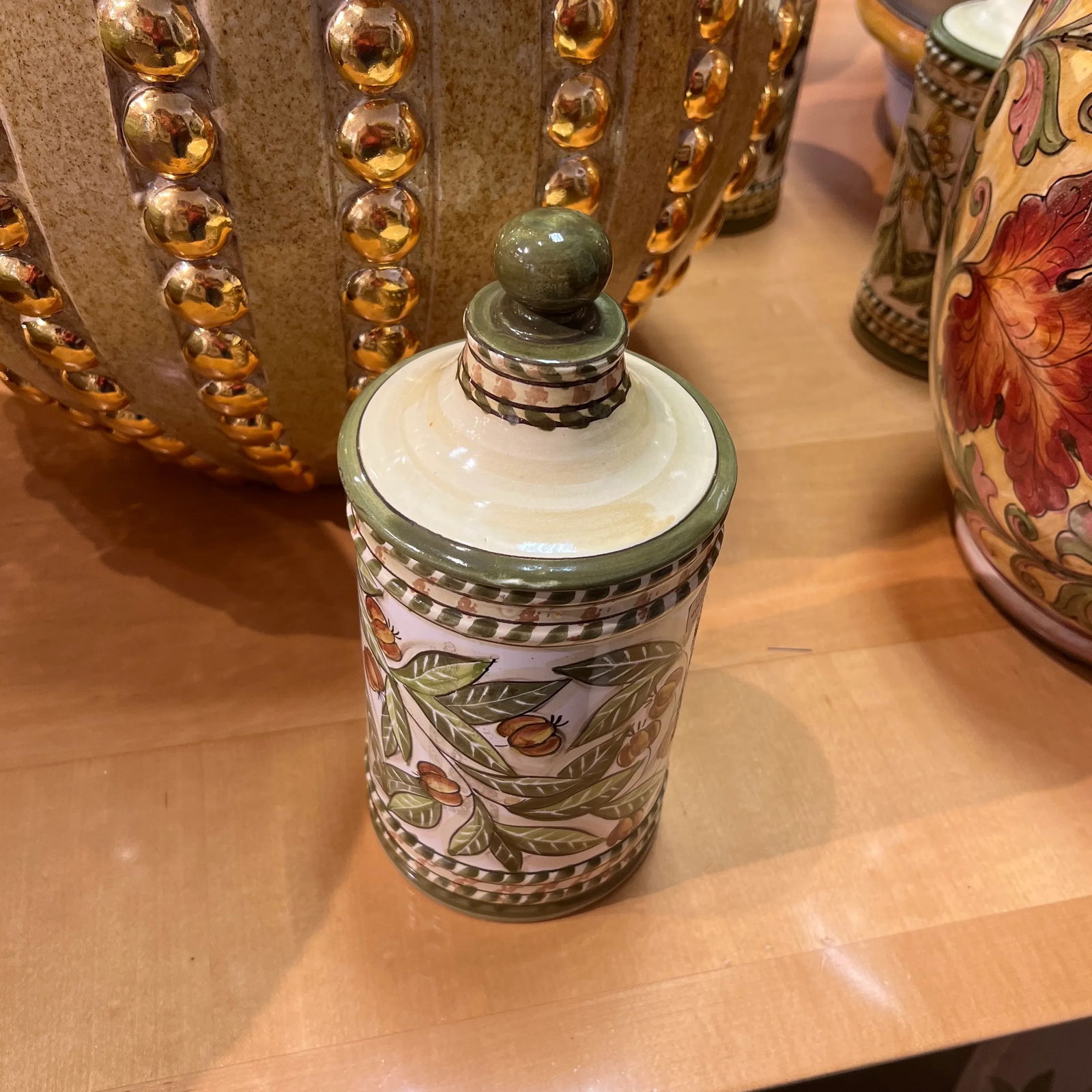 Italian Hand Painted Ceramic Canister With Lid in Ivory and Olive-Green Colors - 8