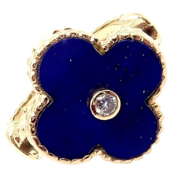 Van Cleef & Arpels Alhambra 18k Yellow Gold Lapis Lazuli Diamond Ring Sz 4: Van Cleef & Arpels Alhambra 18k Yellow Gold Lapis Lazuli Diamond Ring Sz 4 About This Piece: This Van Cleef & Arpels Alhambra ring is exquisitely crafted in 18k yellow gold, showcasing a vibrant lapis