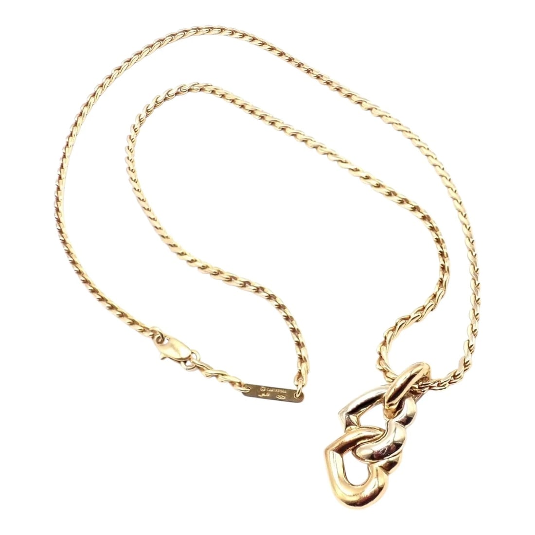Authentic! Cartier 18k Yellow White Gold Double Heart Pendant Chain Necklace: Authentic! Cartier 18k Yellow White Gold Double Heart Pendant Chain Necklace About This Piece: Bask in timeless elegance with Cartier’s 18k Yellow and White Gold Double Heart Pendant Chain Neckl