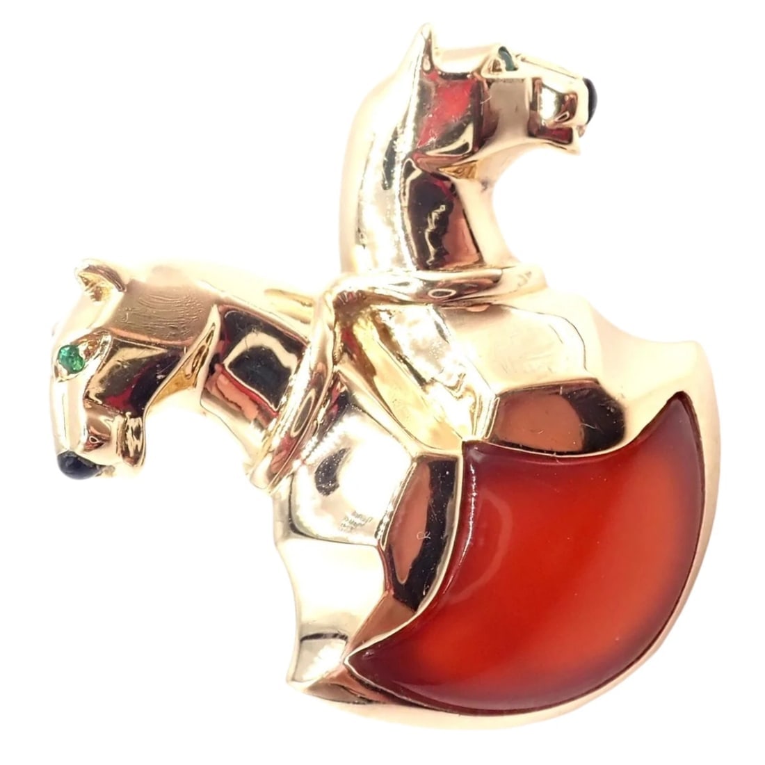 Rare! Authentic Cartier Double Panther 18k Yellow Gold Jasper Onyx Pin Brooch: Rare! Authentic Cartier Double Panther 18k Yellow Gold Jasper Onyx Pin Brooch About This Piece: The Cartier Double Panther pin brooch is a captivating piece crafted in 18k yellow gold, featuring two m