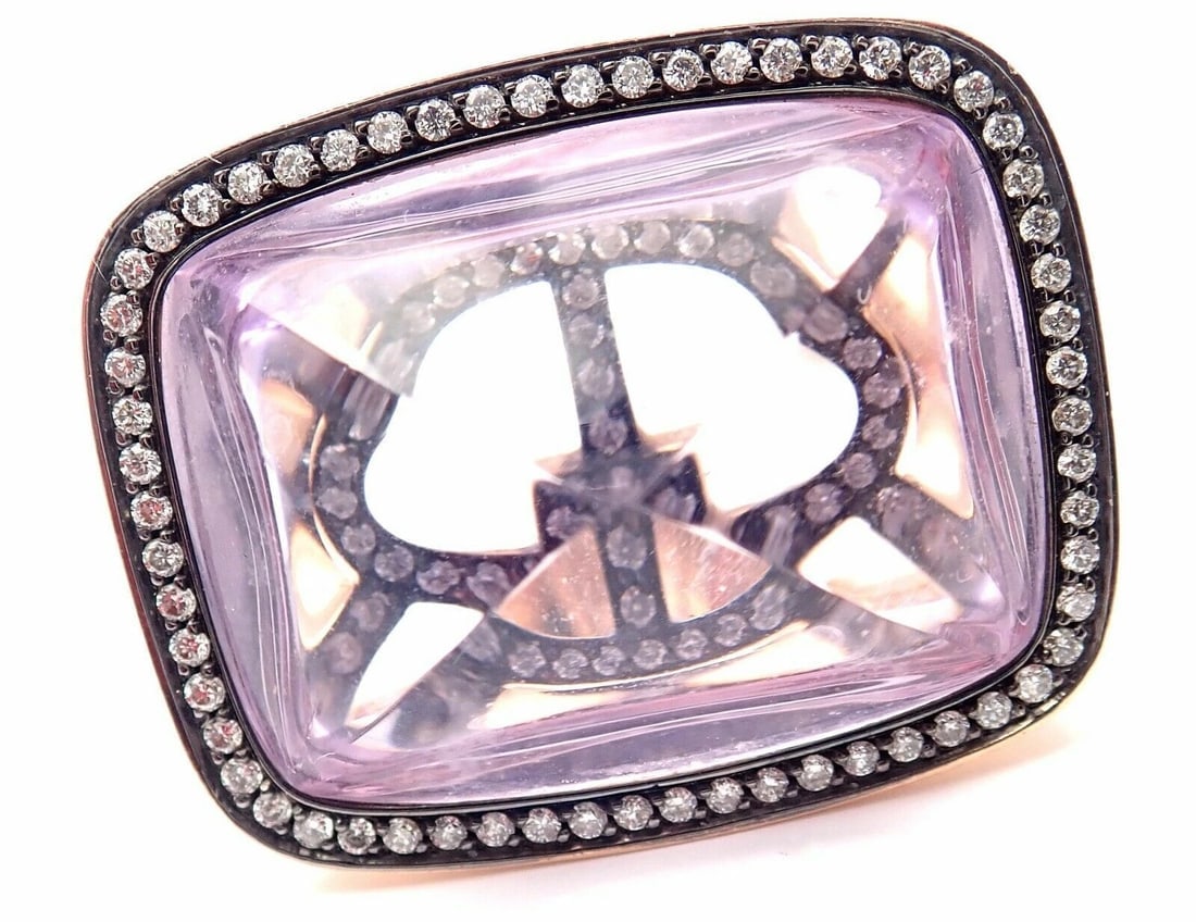 Rare! Authentic Hermes 18k Rose Gold Diamond Large Amethyst Ring: Rare! Authentic Hermes 18k Rose Gold Diamond Large Amethyst Ring About This Piece: Metal: 18k Rose Gold Size: European 51 US 6 Weight: 13.5 grams Width: Stones: 21mm 130 round brilliant cut diamonds V