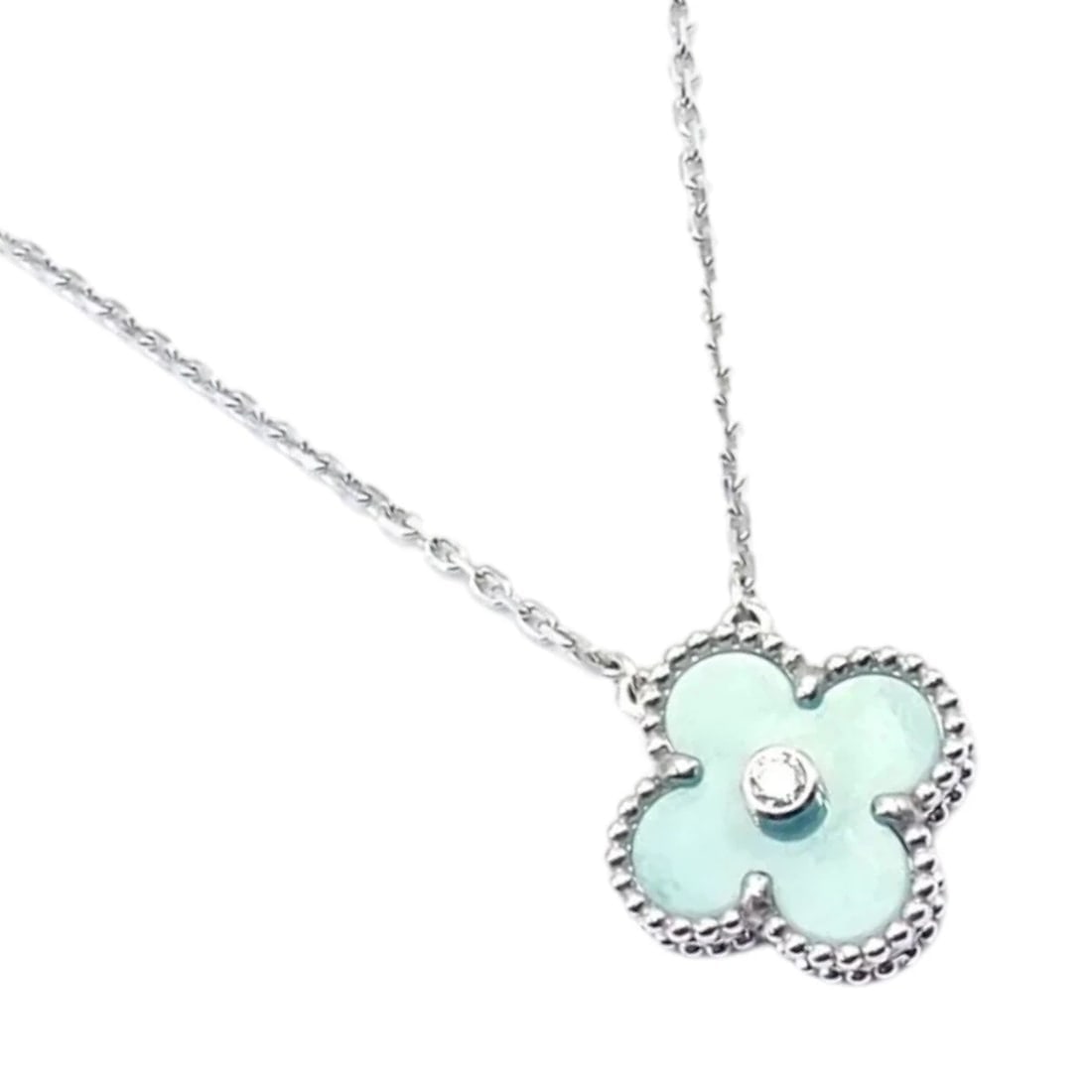Van Cleef &Arpels Celadon Sèvres Porcelain Diamond 18k Vintage Alhambra Necklace: Van Cleef &Arpels Celadon Sèvres Porcelain Diamond 18k Vintage Alhambra Necklace About This Piece: The Van Cleef & Arpels Celadon Sèvres Porcelain Diamond 18k Vintage Alhambra Necklace is a