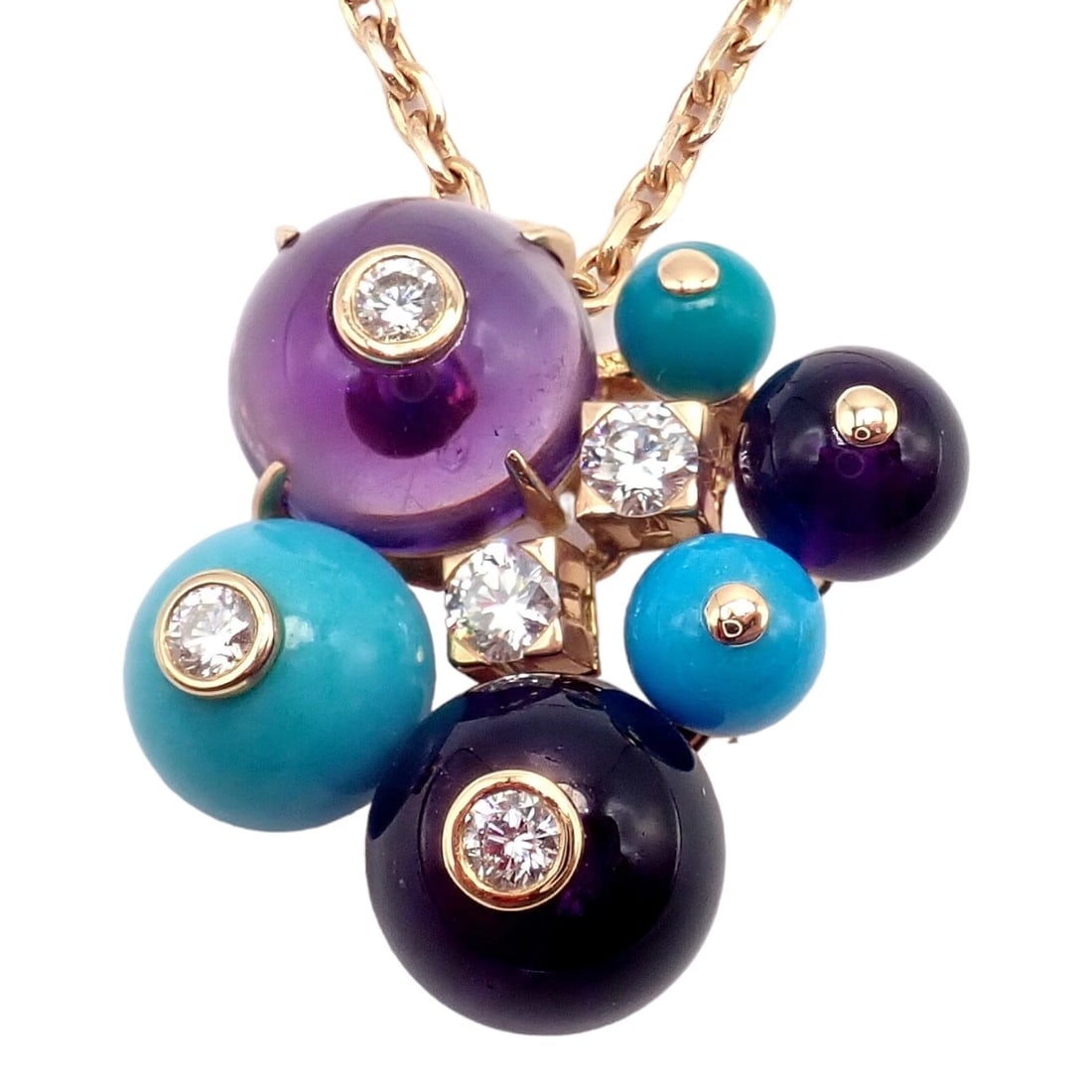Rare! Authentic Cartier 18k Rose Gold Turquoise Diamond Delices De Goa Necklace: Rare! Authentic Cartier 18k Rose Gold Turquoise Diamond Delices De Goa Necklace About This Piece: The Rare Authentic Cartier 18k Rose Gold Turquoise Amethyst Diamond Delices De Goa Necklace is a true