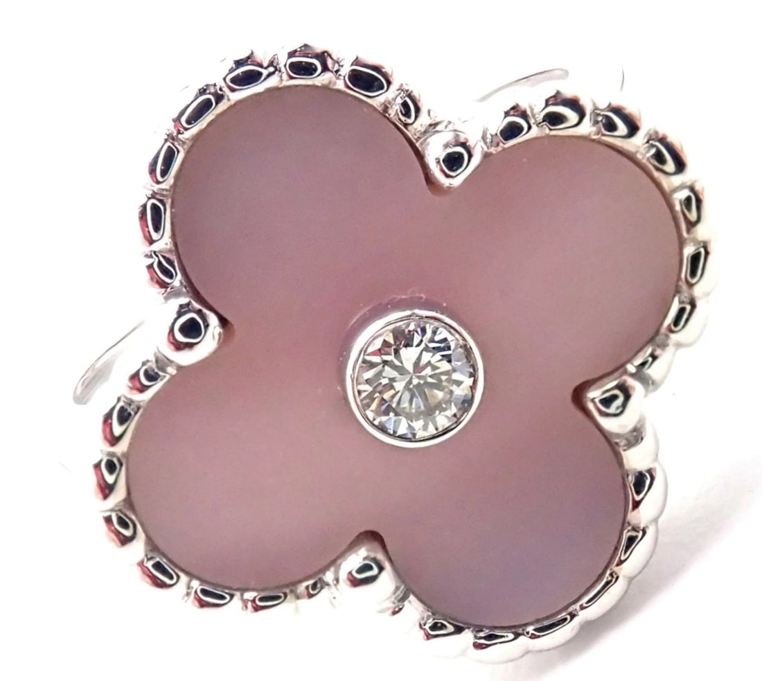 Authentic Van Cleef & Arpels Alhambra 18k White Gold Pink Opal Diamond Ring Cert: Authentic Van Cleef & Arpels Alhambra 18k White Gold Pink Opal Diamond Ring Cert About This Piece: This ring comes with certificate of authenticity from Van Cleef & Arpels. Metal: 18k white gold Size: