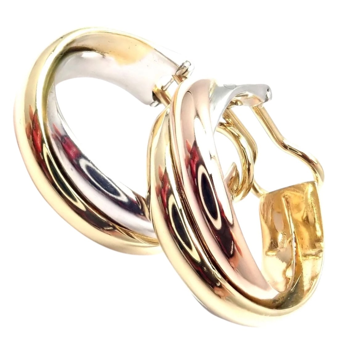 Authentic! Cartier 18k Tri-Color Gold Medium Size Trinity Hoop Earrings: Authentic! Cartier 18k Tri-Color Gold Medium Size Trinity Hoop Earrings About This Piece: Cartier’s iconic Trinity design elevates these medium-size hoop earrings. Three seamlessly intertwined h