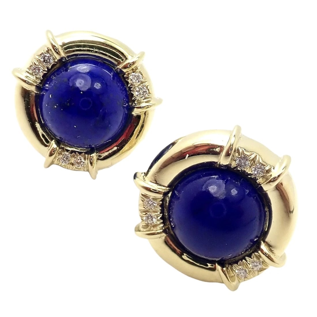 Authentic! Tiffany & Co 18k Yellow Gold Diamond Lapis Lazuli Earrings: Authentic! Tiffany & Co 18k Yellow Gold Diamond Lapis Lazuli Earrings About This Piece: These earrings are made for pierced ears. Metal: 18k Yellow Gold Dimensions: 17mm Weight: 12.6 grams Stones: 12