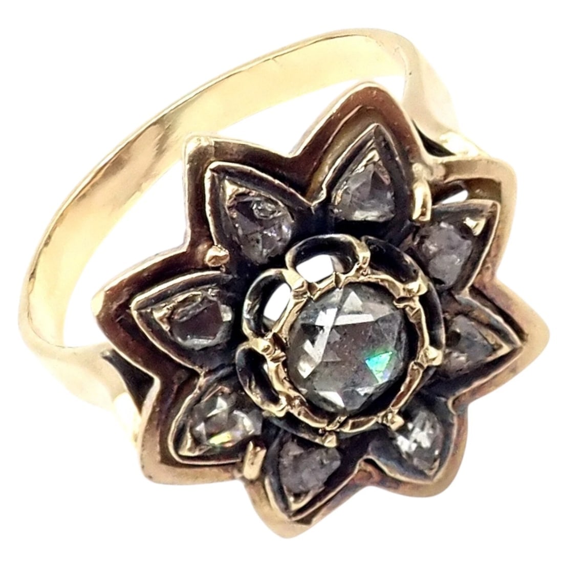Vintage! Karl Faberge 18k Yellow Gold Rose Cut Diamond Flower Ring: Vintage! Karl Faberge 18k Yellow Gold Rose Cut Diamond Flower Ring About This Piece: Handcrafted by the legendary Carl (Karl) Fabergé, this antique 18k yellow gold ring showcases a delicate flowe