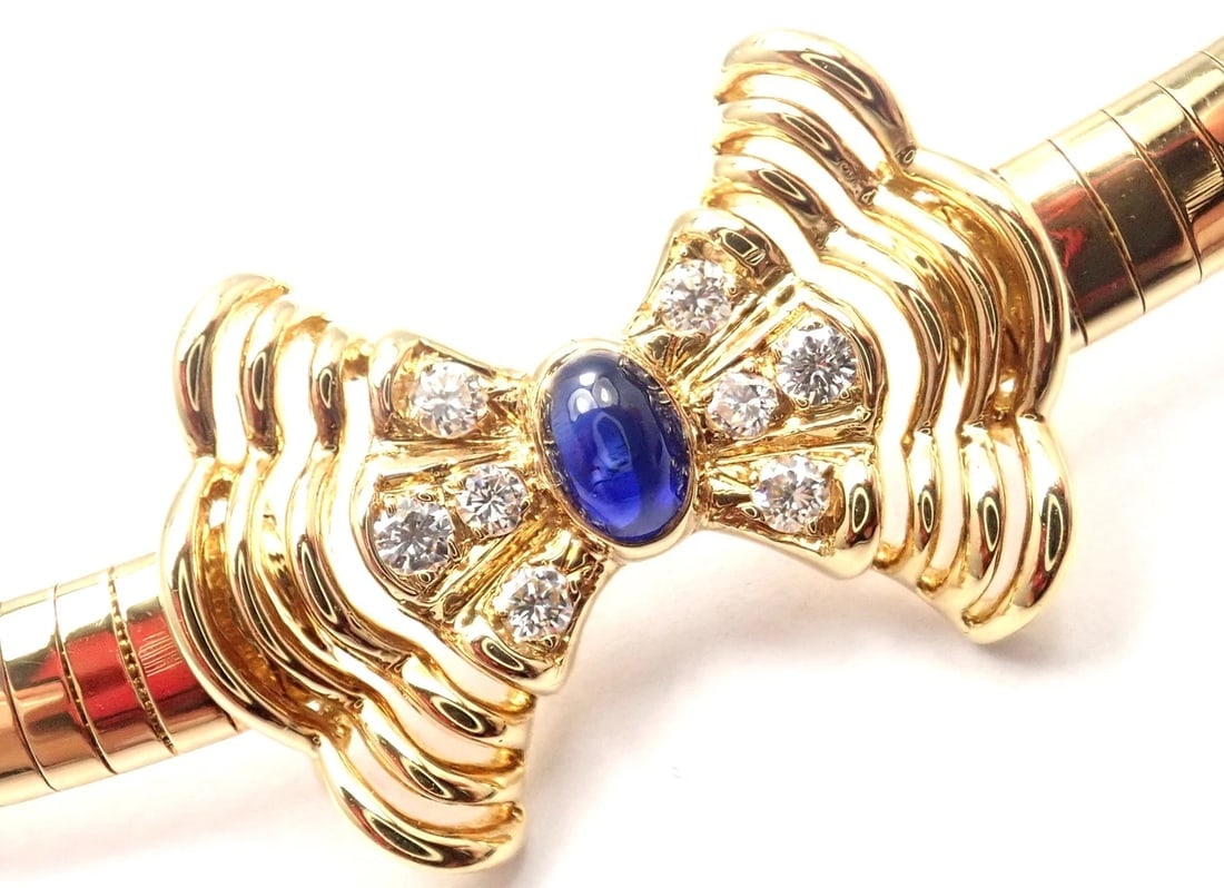 Rare! Authentic Christian Dior 18k Yellow Gold Diamond Sapphire Bow Necklace: Rare! Authentic Christian Dior 18k Yellow Gold Diamond Sapphire Bow Necklace About This Piece: About Christian Dior Jewelry: Towards the end of last century, fine jewelry was missing the whimsical ele
