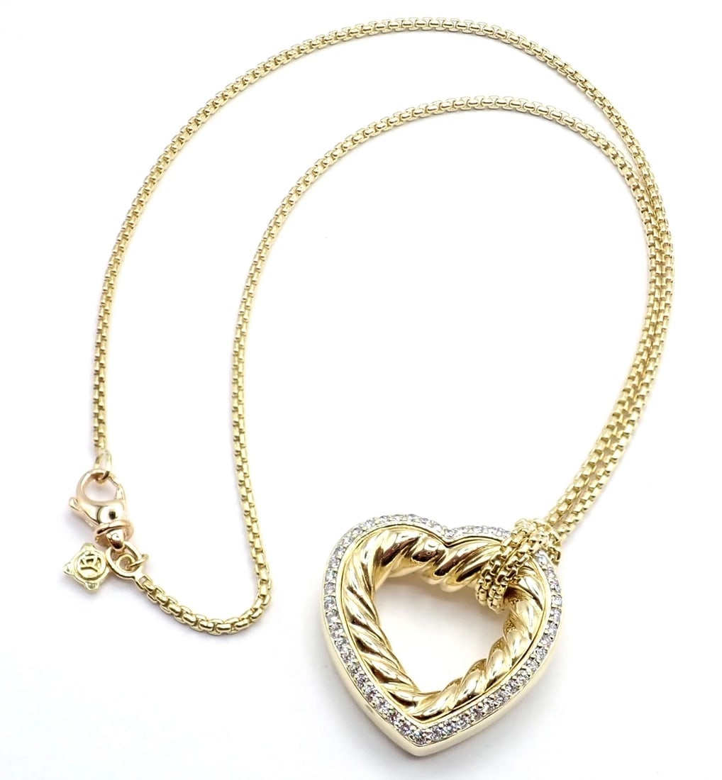 David Yurman Cable 18k Yellow Gold Diamond Large Heart Pendant Chain Necklace: David Yurman Cable 18k Yellow Gold Diamond Large Heart Pendant Chain Necklace About This Piece: Metal: 18k Yellow Gold Measurements: Chain: 26mm x 26mm Length: 16" Width: 2mm Weight: 25.3 grams Stones