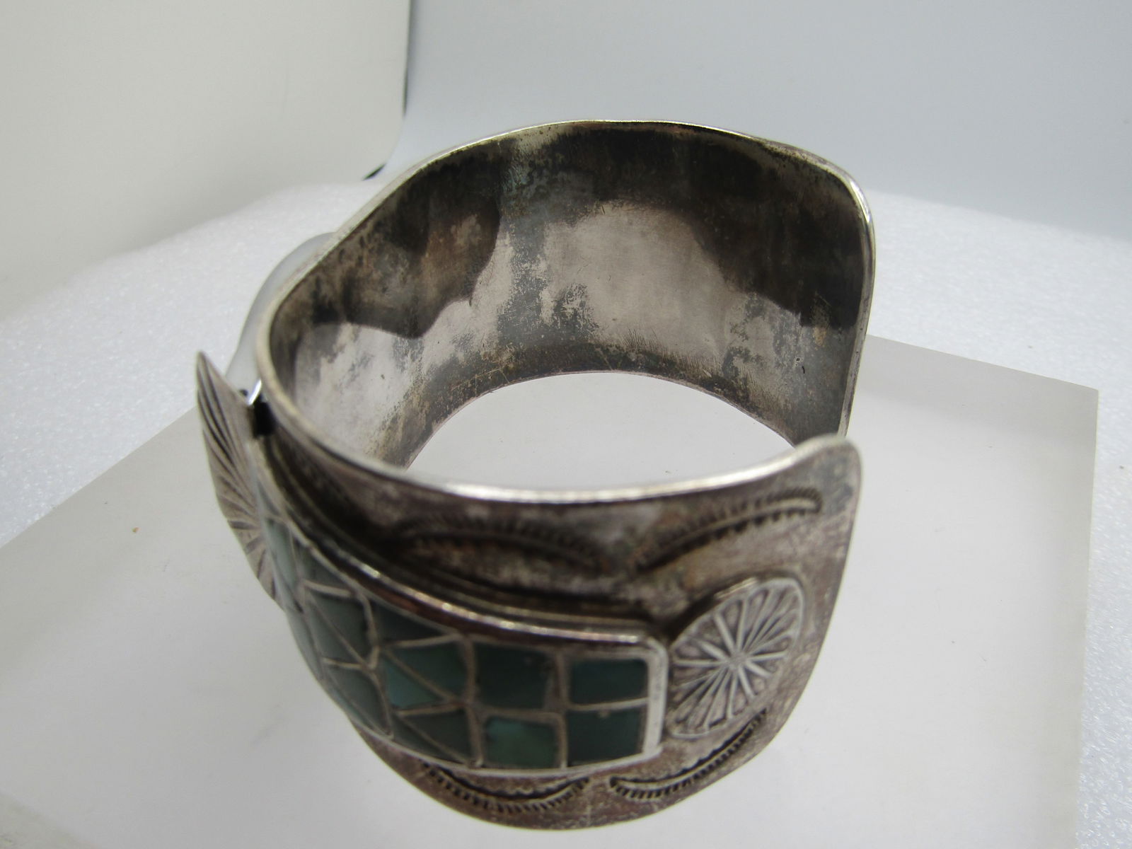 Vintage Sterling Old Pawn Watch Cuff Bracelet, Inlaid Turquoise, 6.75", 1960's-1970's - 5