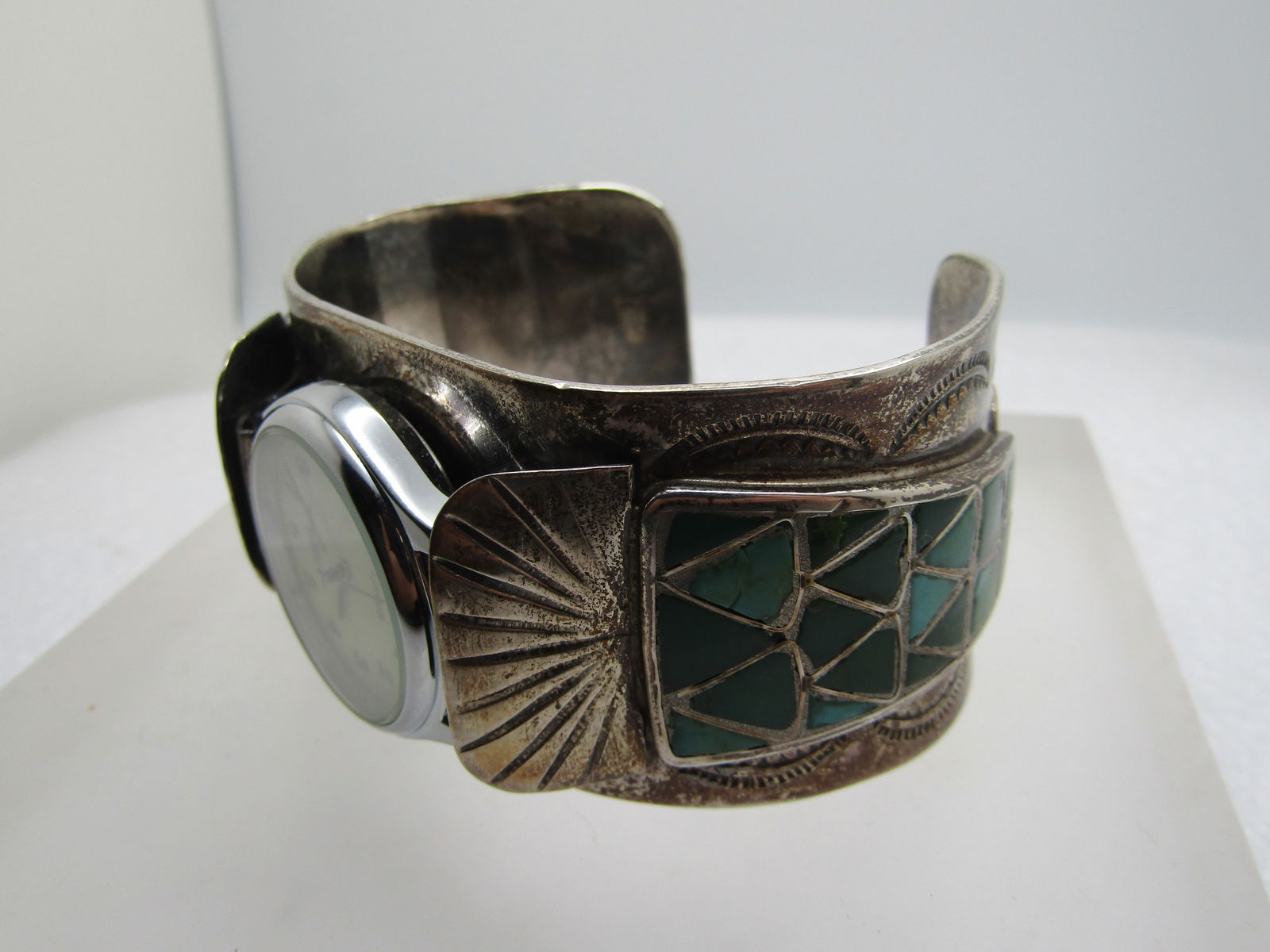 Vintage Sterling Old Pawn Watch Cuff Bracelet, Inlaid Turquoise, 6.75", 1960's-1970's - 7