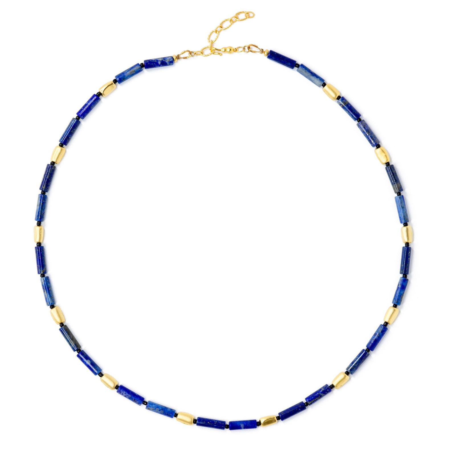Lapis Lazuli Tube Matinee Necklace: Title:Lapis Lazuli Tube Matinee Necklace Description:Dive into the modern, edgy sophistication of this Lapis Lazuli necklace. Its sleek simplicity speaks volumes, effortlessly blending timeless beauty