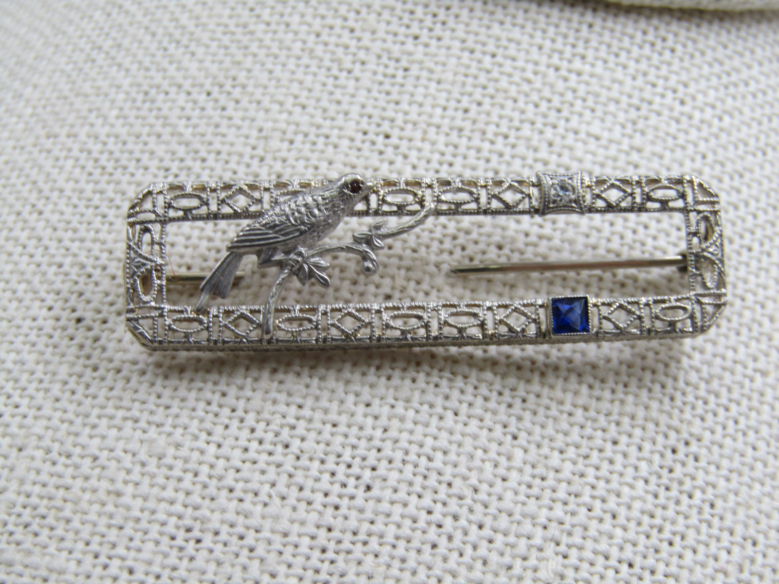 Antique 14kt Filigree Bird Diamond Sapphire Brooch, 19120's-1930's: Title:Antique 14kt Filigree Bird Diamond Sapphire Brooch, 19120's-1930's Description:Antique 14kt Filigree Bird Diamond Sapphire Brooch, 1920's-1930's. C-clasp with lock where it is marked 14kt and si