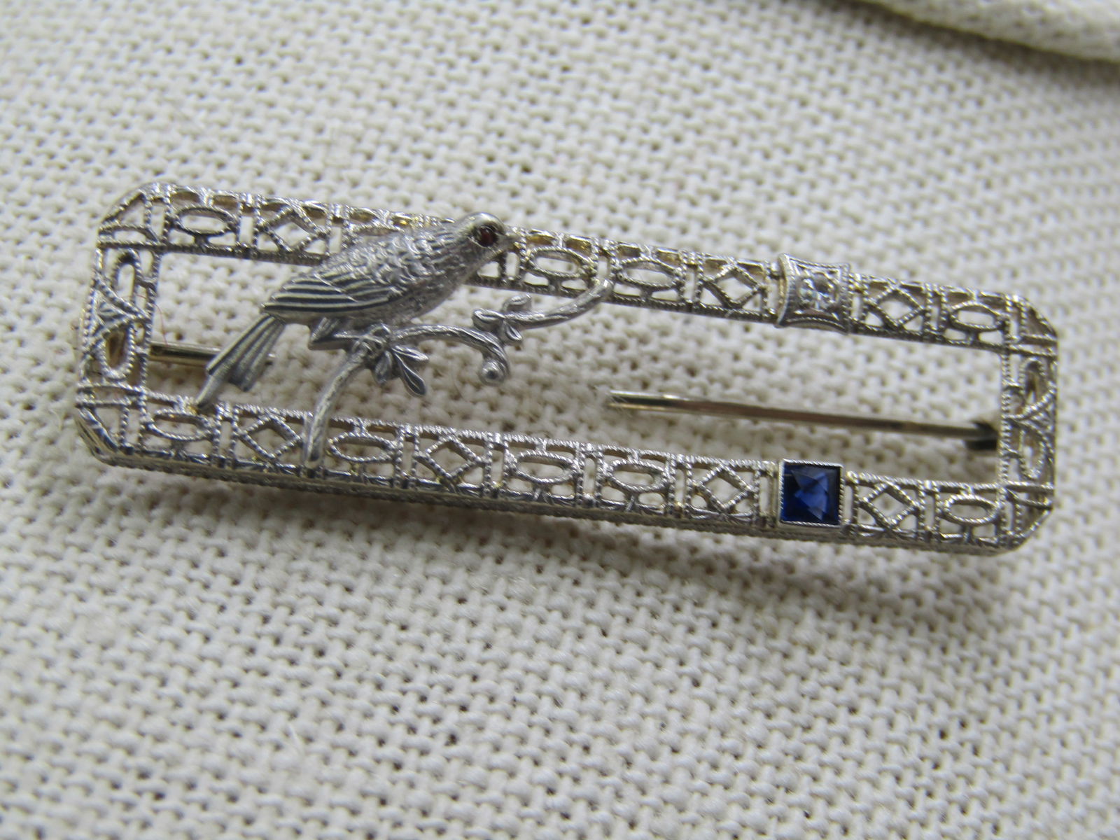 Antique 14kt Filigree Bird Diamond Sapphire Brooch, 19120's-1930's - 2
