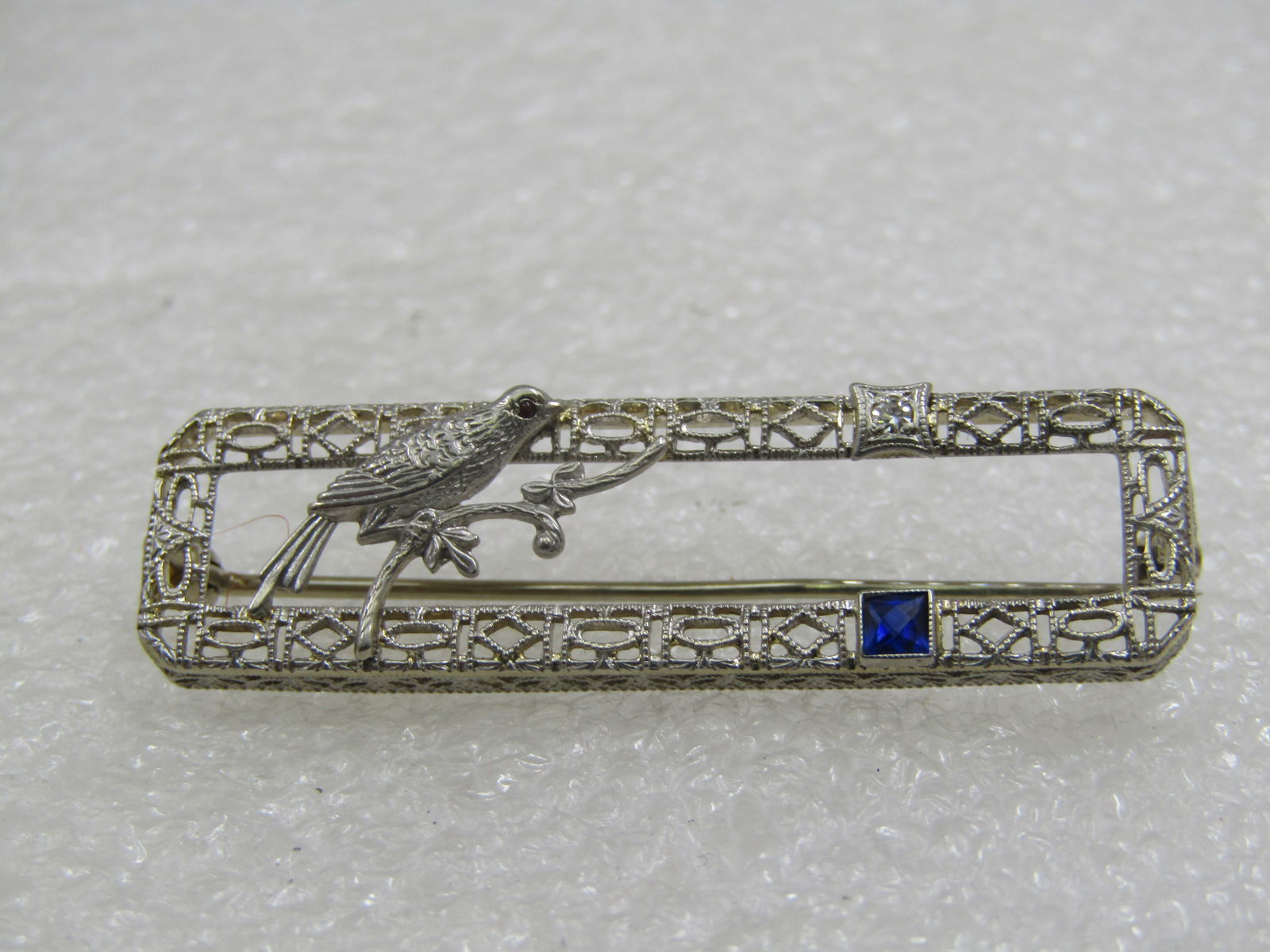 Antique 14kt Filigree Bird Diamond Sapphire Brooch, 19120's-1930's - 4