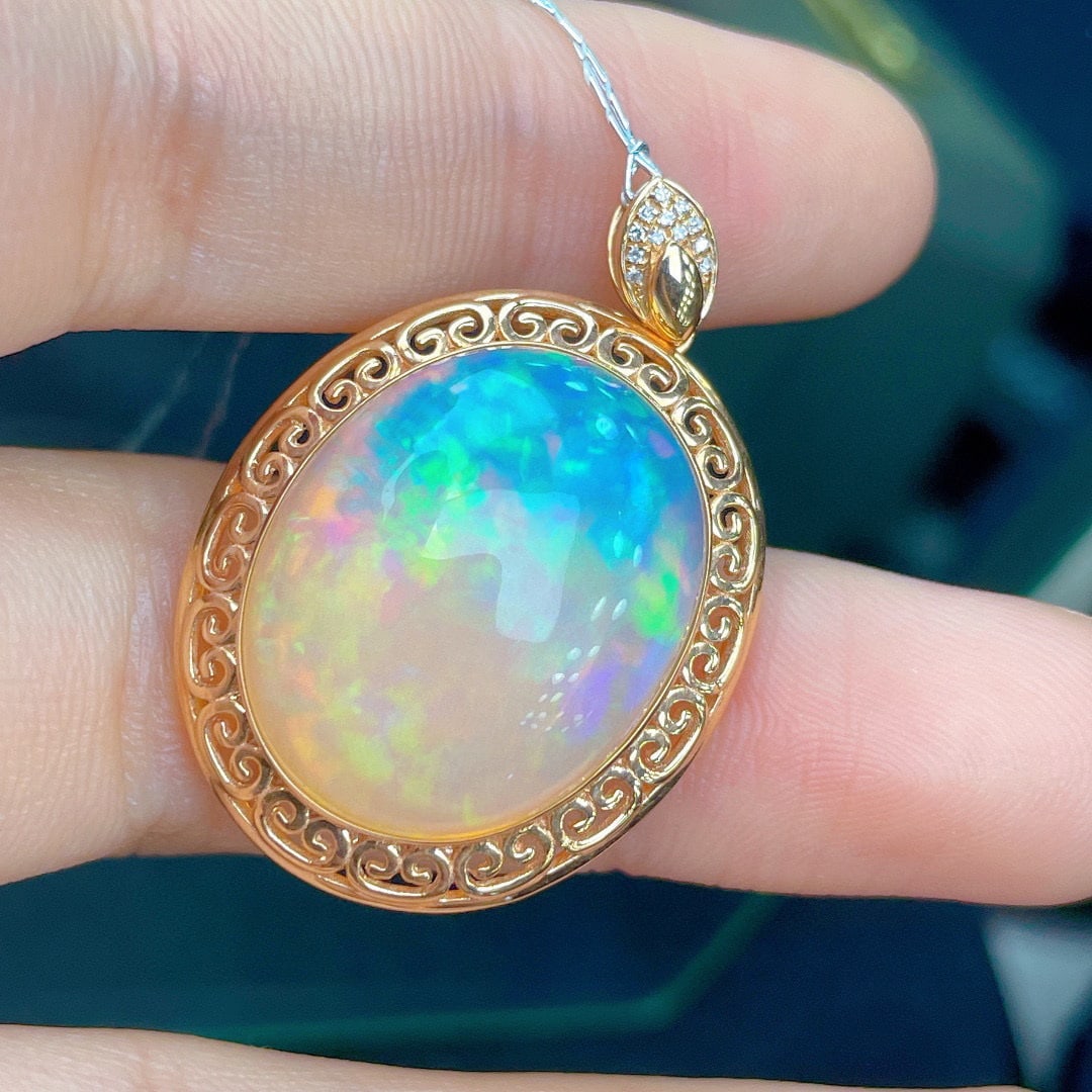 14K GOLD 14.23 CT NATURAL OPAL & DIAMOND PENDANT - 3