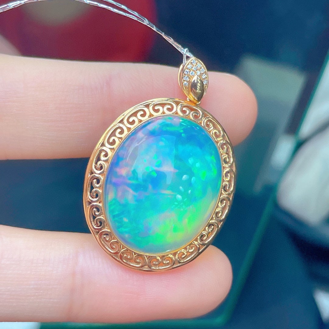 14K GOLD 14.23 CT NATURAL OPAL & DIAMOND PENDANT - 4