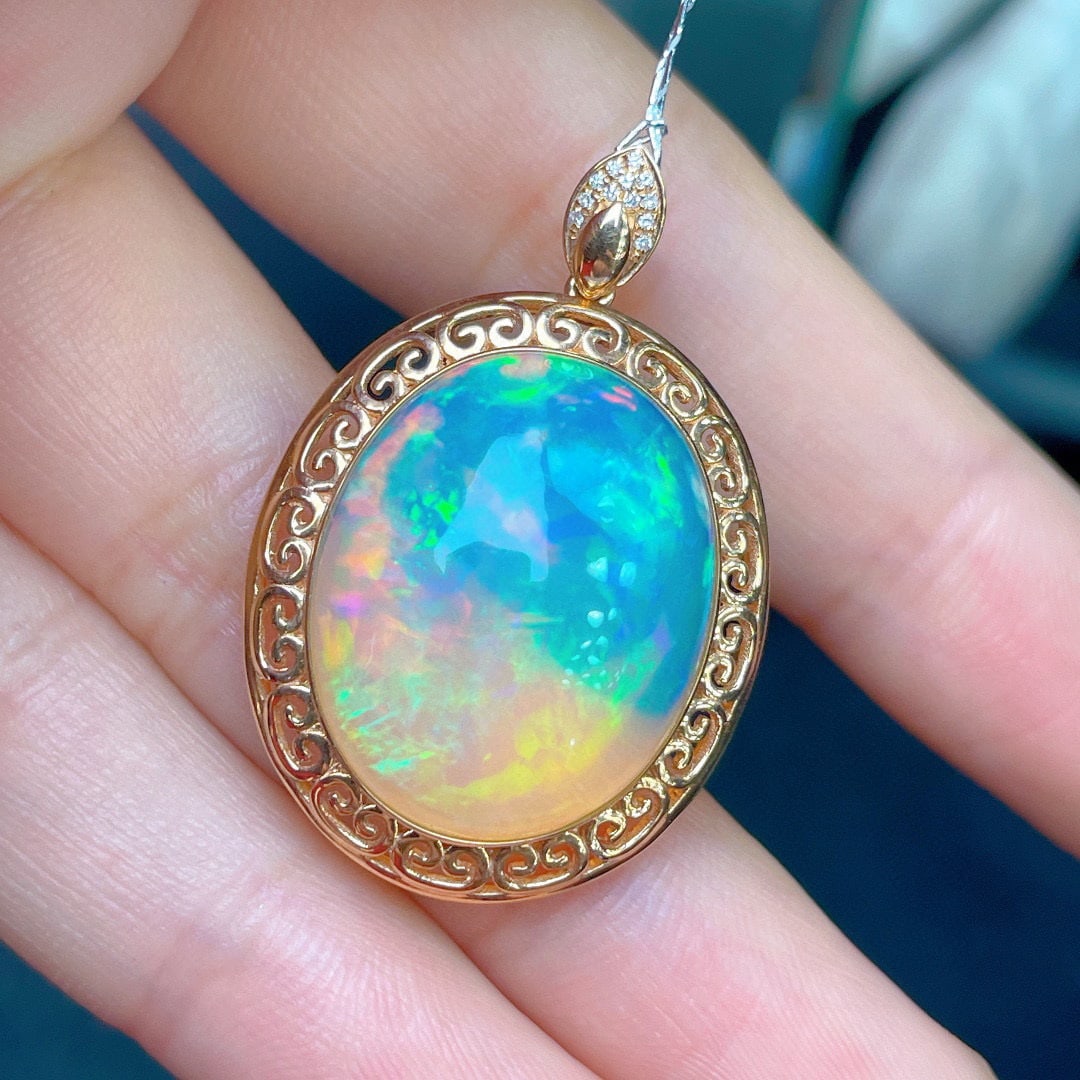 14K GOLD 14.23 CT NATURAL OPAL & DIAMOND PENDANT - 5