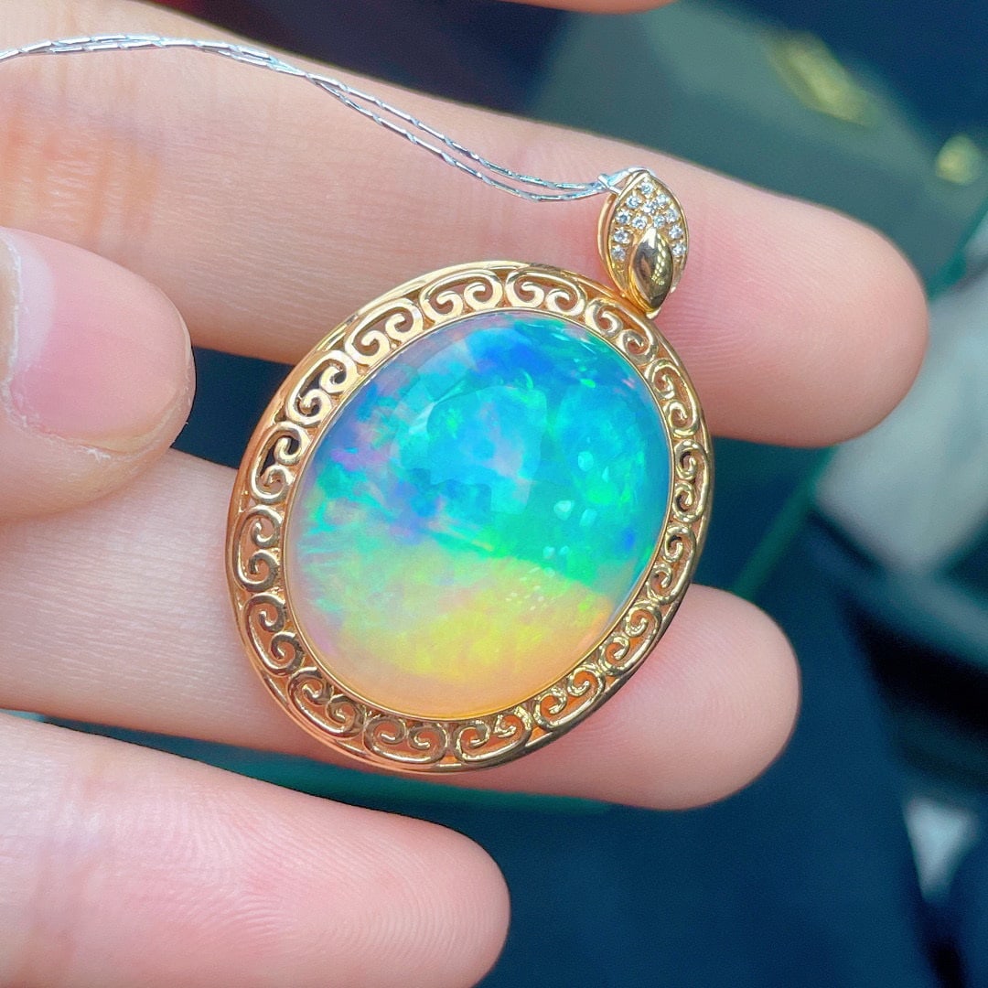 14K GOLD 14.23 CT NATURAL OPAL & DIAMOND PENDANT - 6