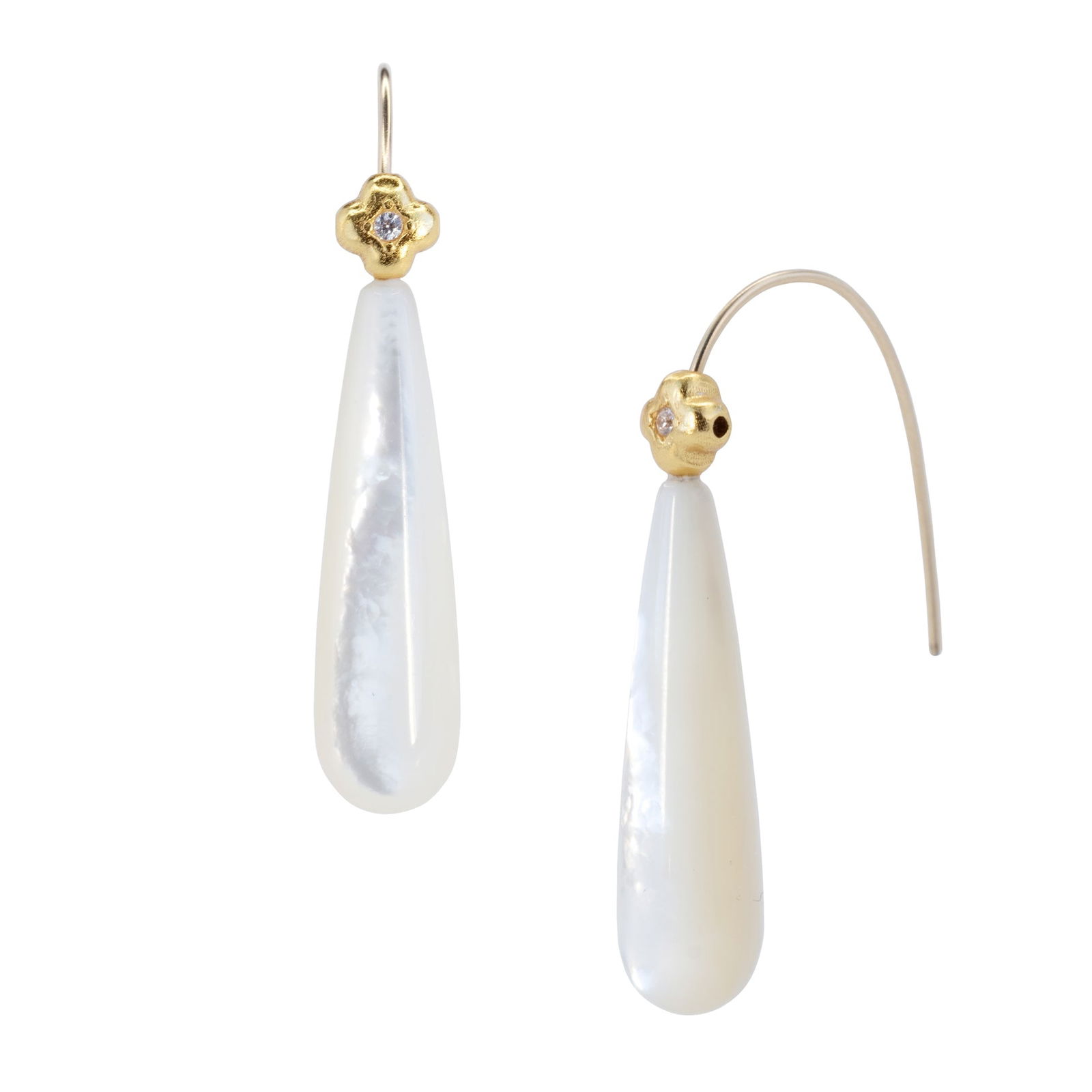 Mother of Pearl 14K Gold Dangle Earrings: Title:Mother of Pearl 14K Gold Dangle EarringsDescription:Luminous mother of pearl drops are paired with softly sculpted 14K gold accents, creating an effortless balance of elegance and organic