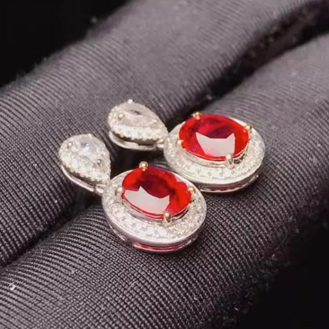 14K GOLD 1.10 CT NATURAL RUBY & SAPPHIRE & DIAMOND EARRINGS - 2