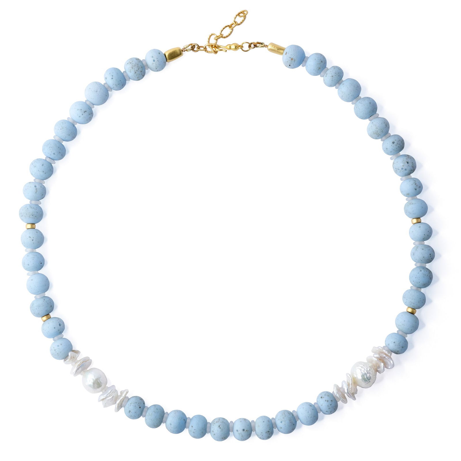 Freshwater Pearl & Blue Ceramic Bead Necklace II: Title:Freshwater Pearl & Blue Ceramic Bead Necklace II Description:Feel the radiance of confidence and the embrace of unparalleled uniqueness with this delicate piece, as it becomes a testament to you